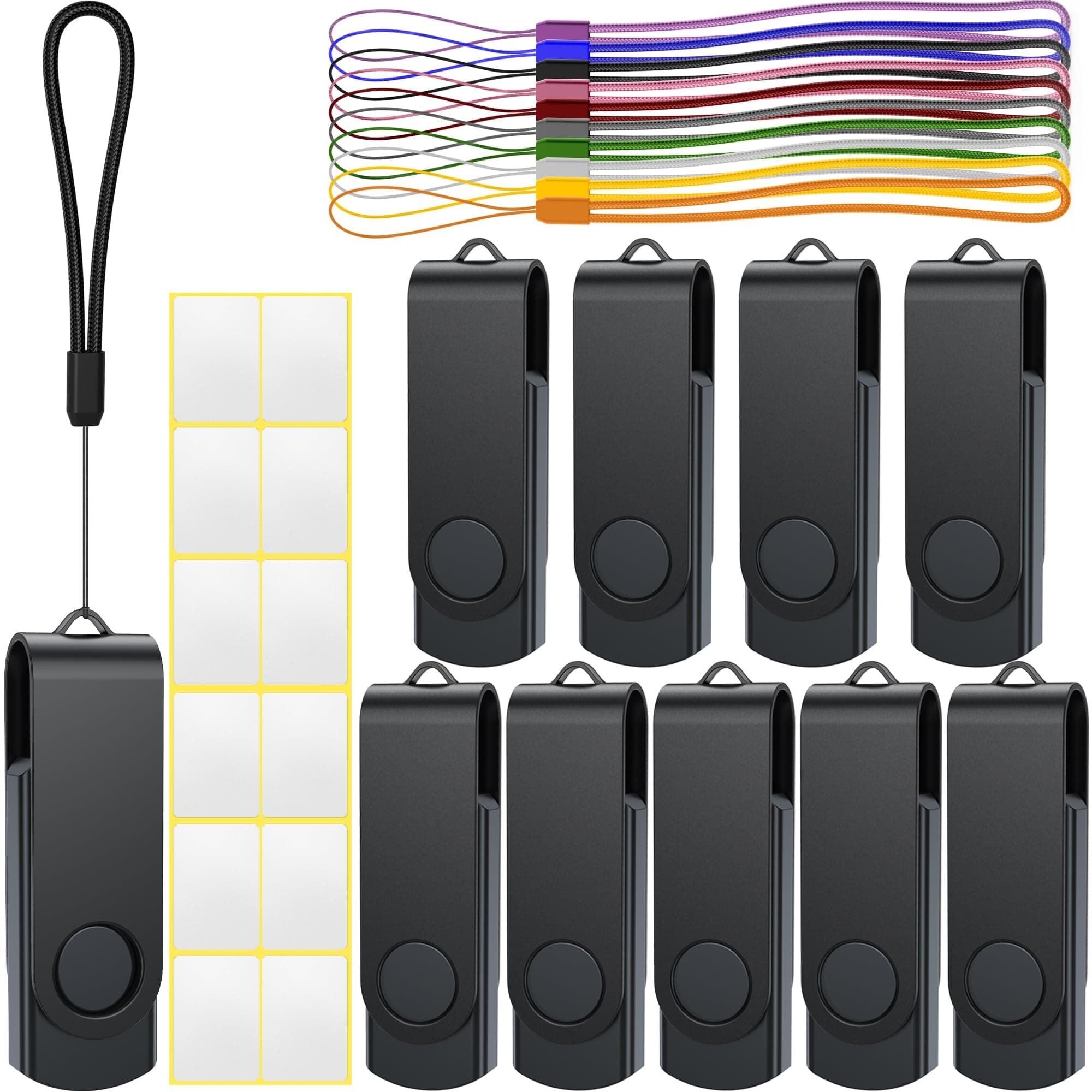USB Stick 8GB USB 2.0 Memory Stick Thumb Flash Drive 10 Pack Rotate USB Memory Sticks Black Metal Pen Drive USB Flash Drive with Tag and Lanyard for Computer Laptop
