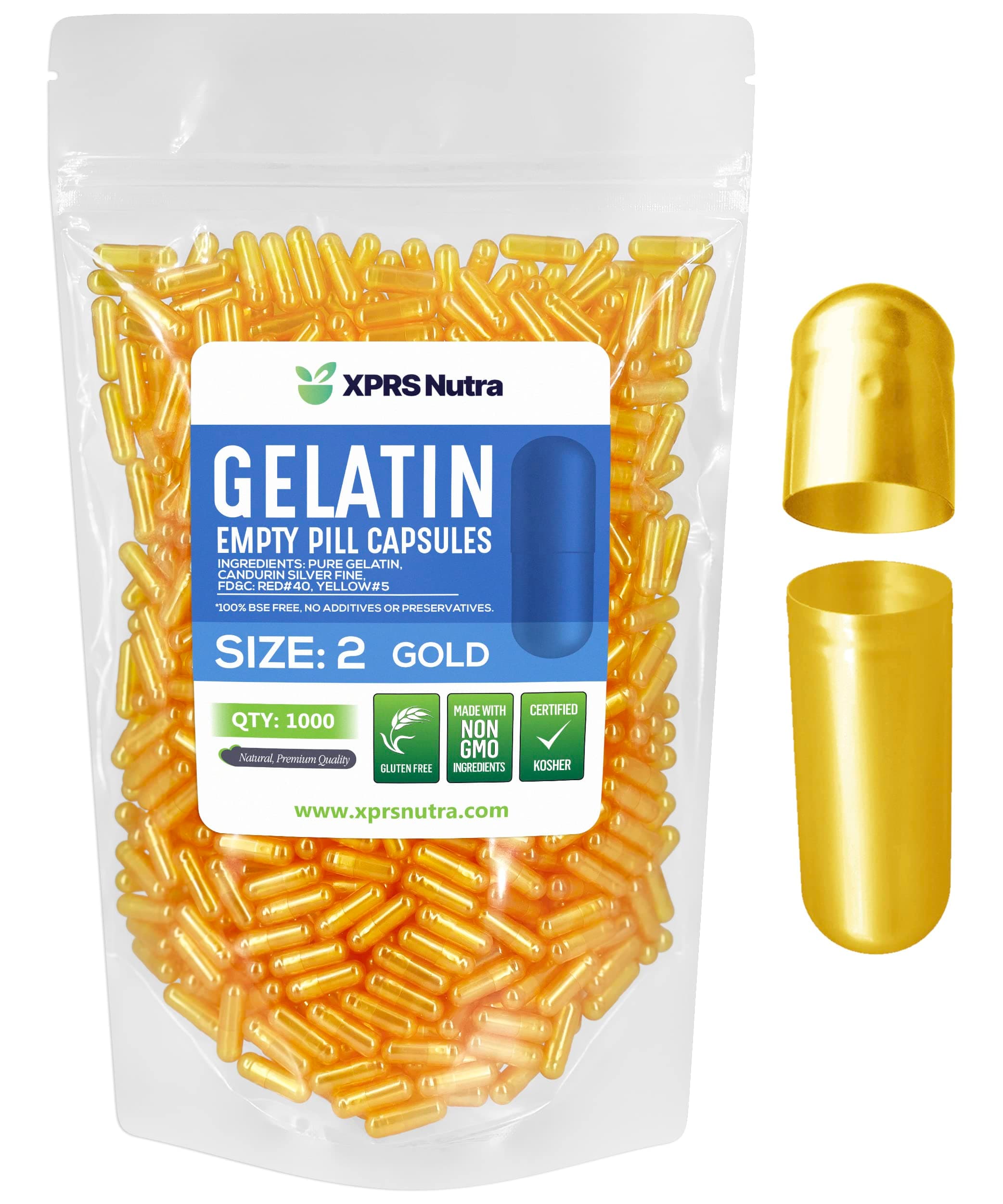 Size 2 Empty Capsules - 1000 Count Empty Gelatin Capsules - Pills DIY Capsule Filling - Pure Bovine Pill Gel Caps for Do-It-Yourself Supplements (Gold)