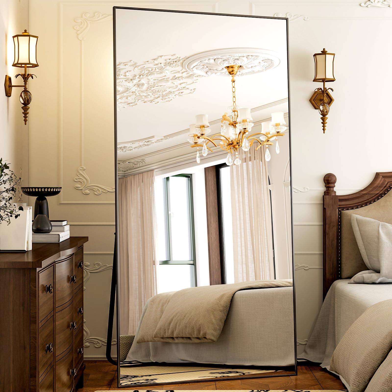 GLSLAND 77" x 38" Rectangular Full Length Mirror - Oversize Floor Mirrors Aluminum Alloy Frame Full Body Dressing Mirror for Bedroom Living Room,Black