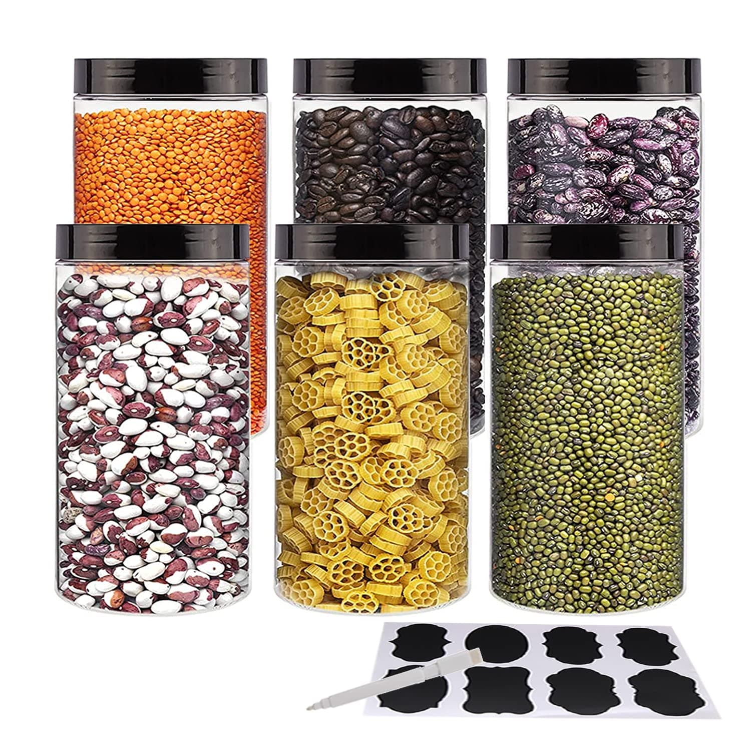 6 Pack 1000ml Large Wide-Mouth Clear Plastic Storage Jars with Lids & Rewritable Chalk Labels - BPA Free, Food Safe PET Containers for Kitchen & Pantry Organisation