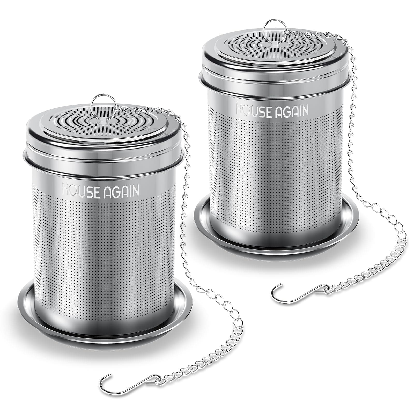 2 Pack Tea Infuser by House Again, Extra Fine Mesh Tea Ball Threaded Connection 18/8 Stainless Steel with Extended Chain Hook for Hanging on Teapots Mugs Cups to Brew Loose Leaf Tea