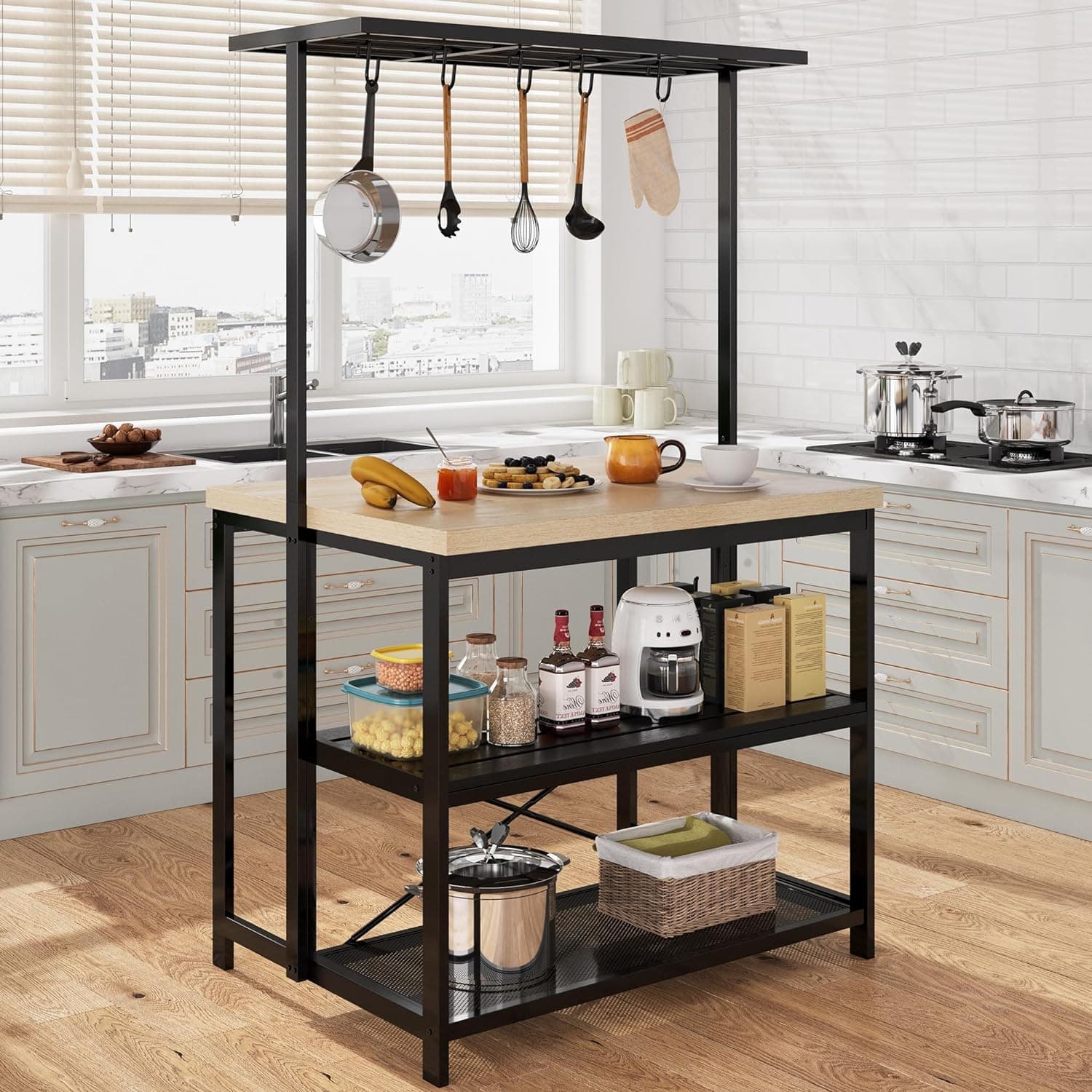 kitchen Island, Bakers Rack, Island Table for Kitchen,3 Tier Microwave Stand Oven Shelf with Storage, Storage Shelf for Kitchen Dining Room Living Room,5 Hooks (Pear Wood and White, 43.7*27.9*72)