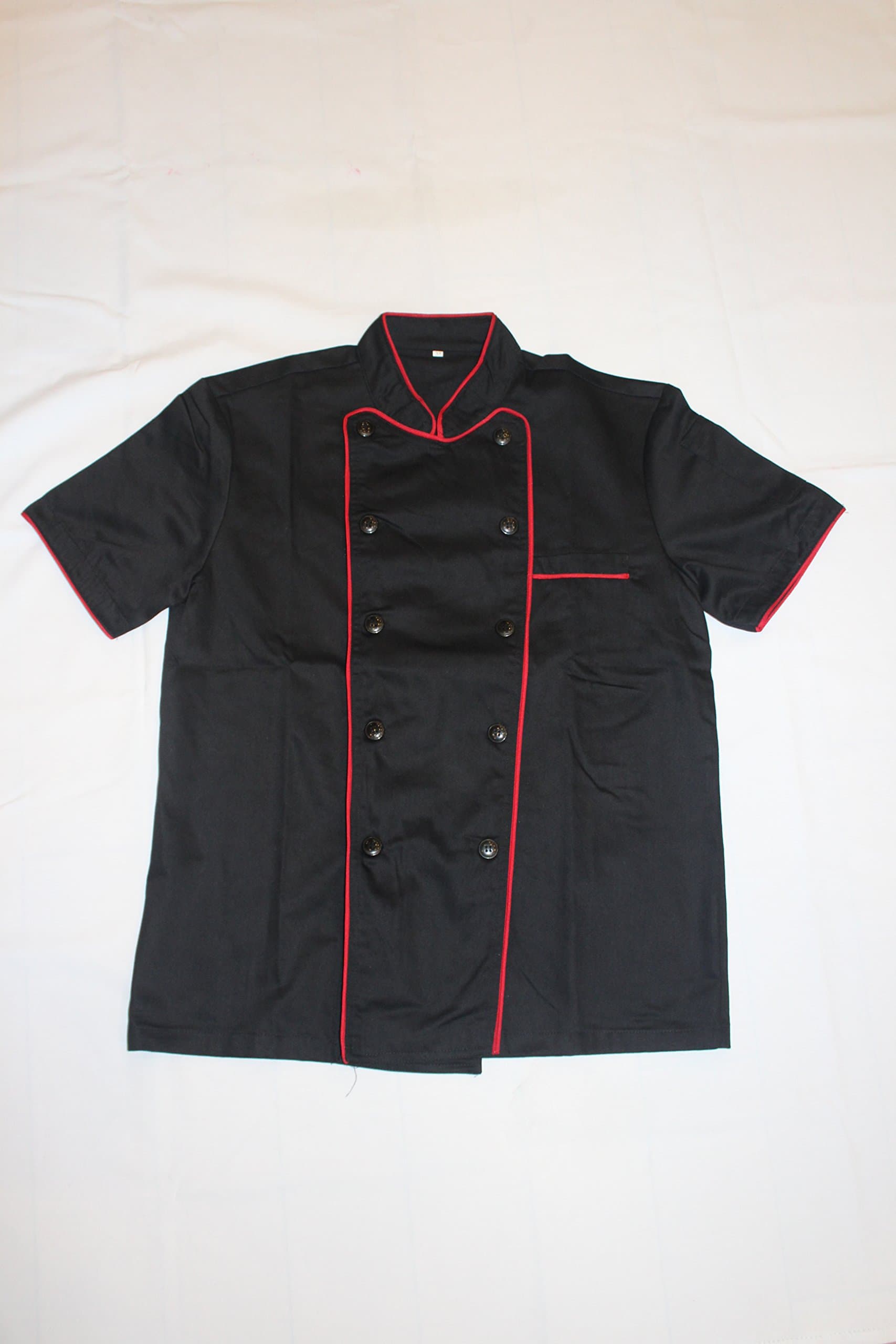 Black Unisex Chef Jacket with Red Lining (Short Sleeves) Size 46, 2X-Large