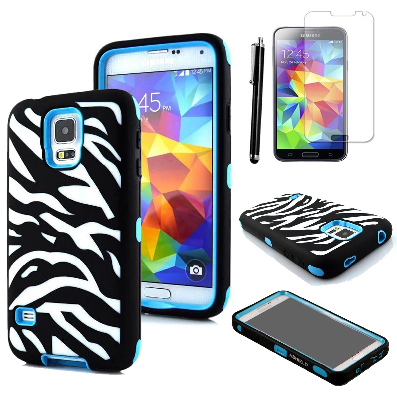 Ashield Deluxe Printed Hard Soft High Impact Hybrid Armor Defender Case Combo for Samsung Galaxy S5 with 1 Screen Protector, 1 Black Stylus and Ashield Logo on the Left Side (zebra blue)