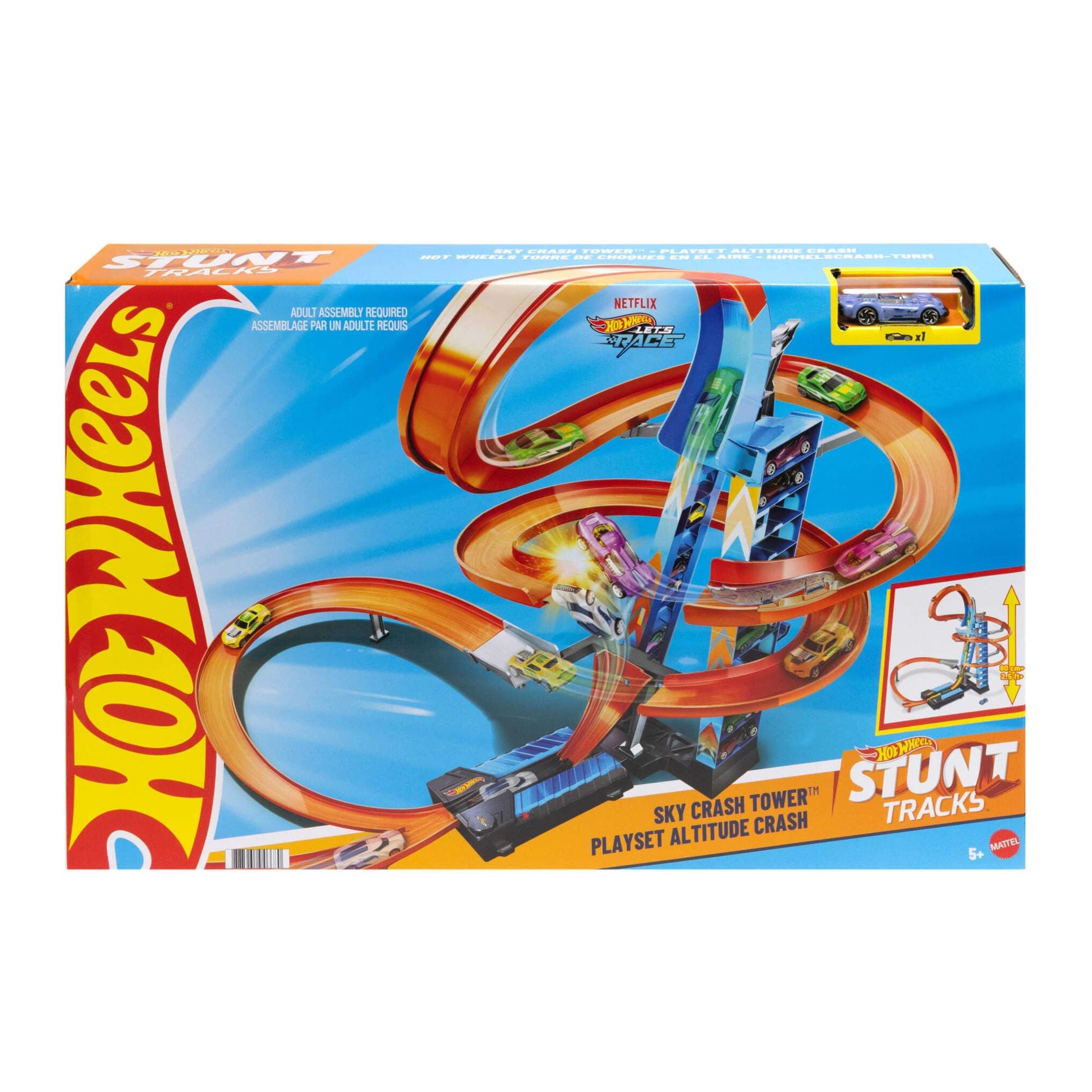 Sky Crash Tower Track Set, 2.5+ ft / 83 cm High with Motorized Booster, Orange Track & 1 Hot Wheels Vehicle, Race Multiple Cars, Gift for Kids 5 to 10 Years Old & Up, GWT39