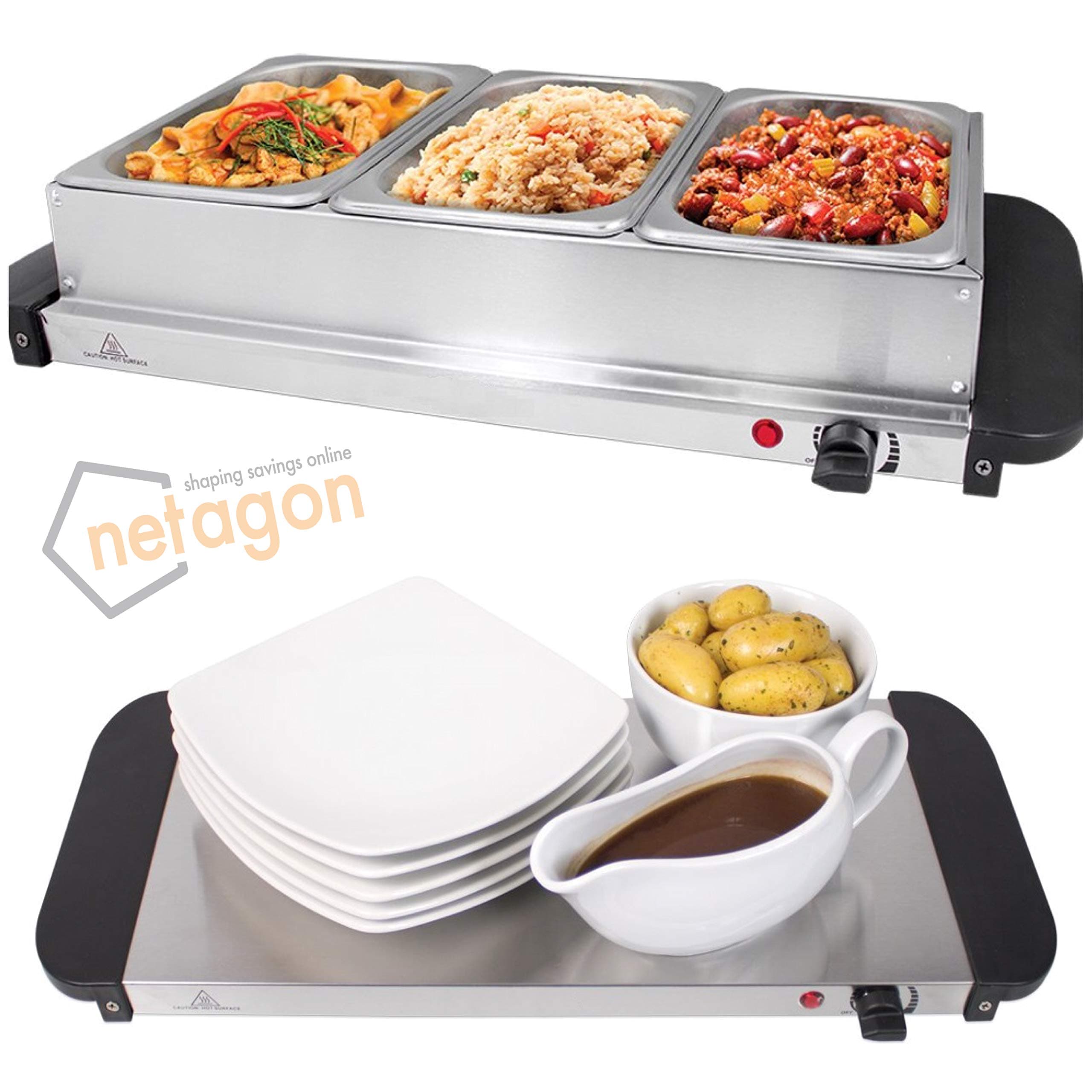Netagon Compact 200W 3L Electric Buffet Server 3 Warming Trays with Lids & Hot Plate Food Warmer