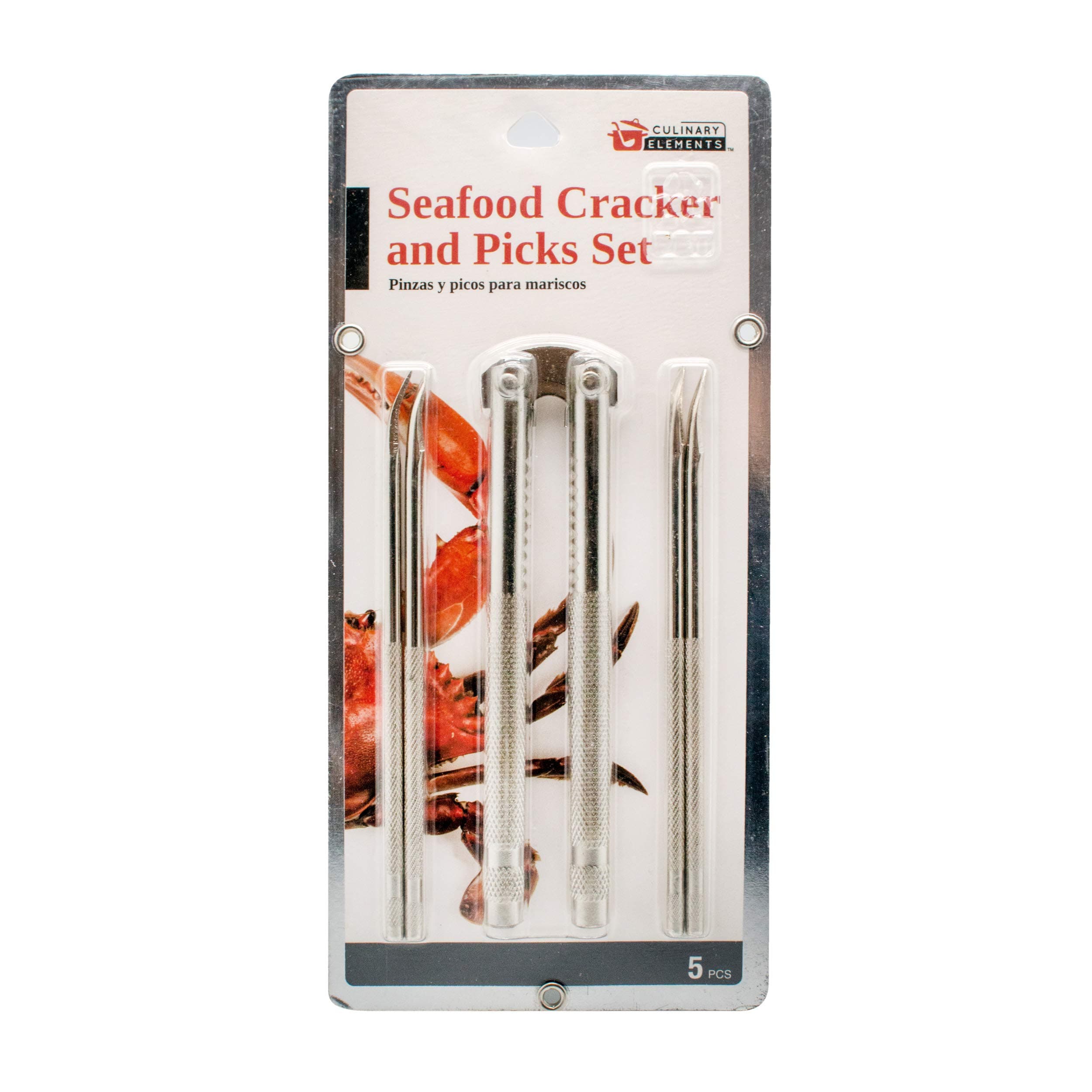 Culinary ElementsStainless Steel Seafood Cracker and Pick 5 Piece Set, Crab Leg Cracker Tools, Tool for Cracking Seafood And Picks For Picking Meat Out Of Shell, Heavy Duty & Dishwasher Safe