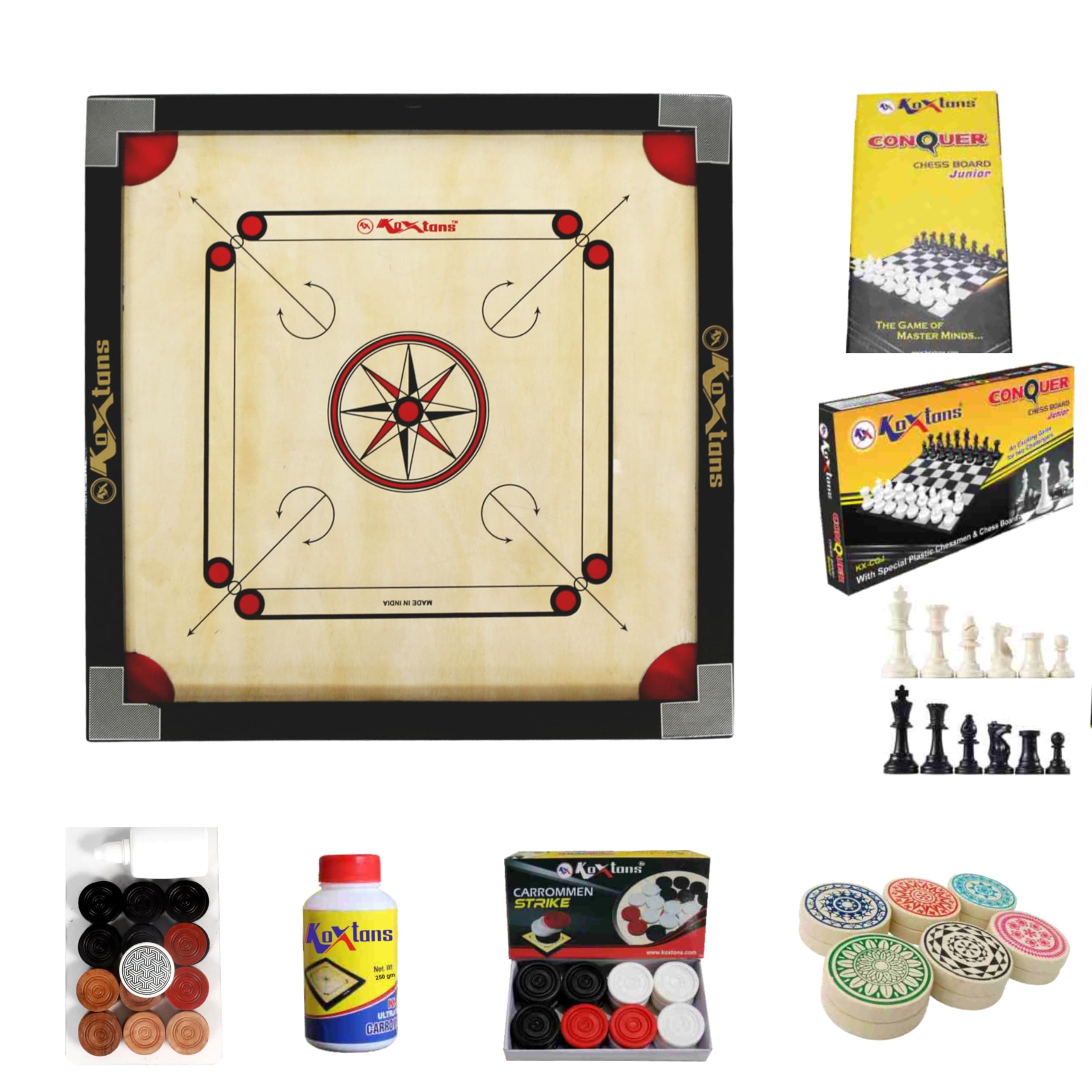 Carrom Board 28 INCH Medium Size Cut Pocket with 1.5" Border & 4 mm Ply (Premium) with STRICKER & Accessories and Vista 14 INCH Chess Conquer Gift Set