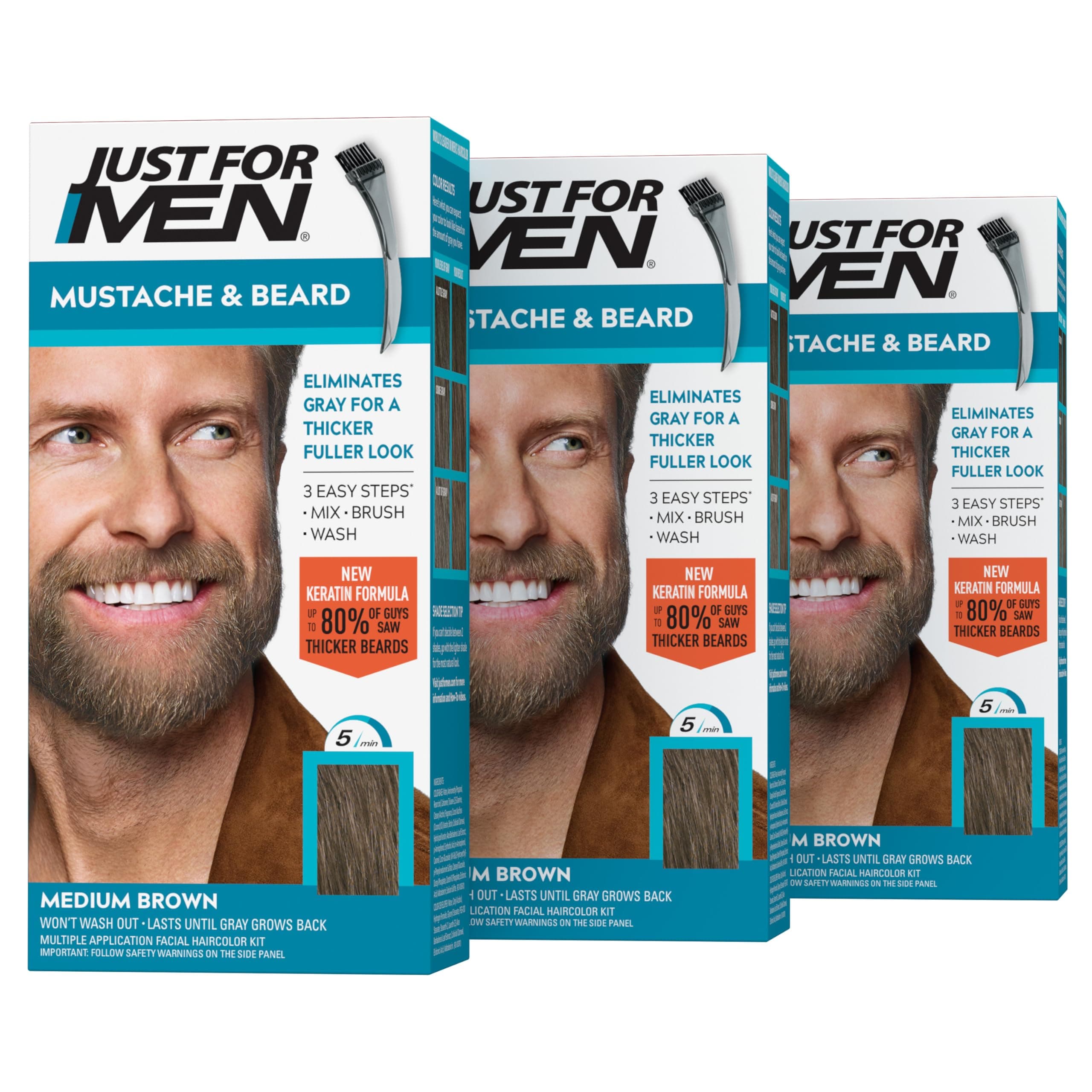 Just For Men Brush-In Mustache, Beard And Sideburns, Medium Brown, Kit ( Pack of 3 )