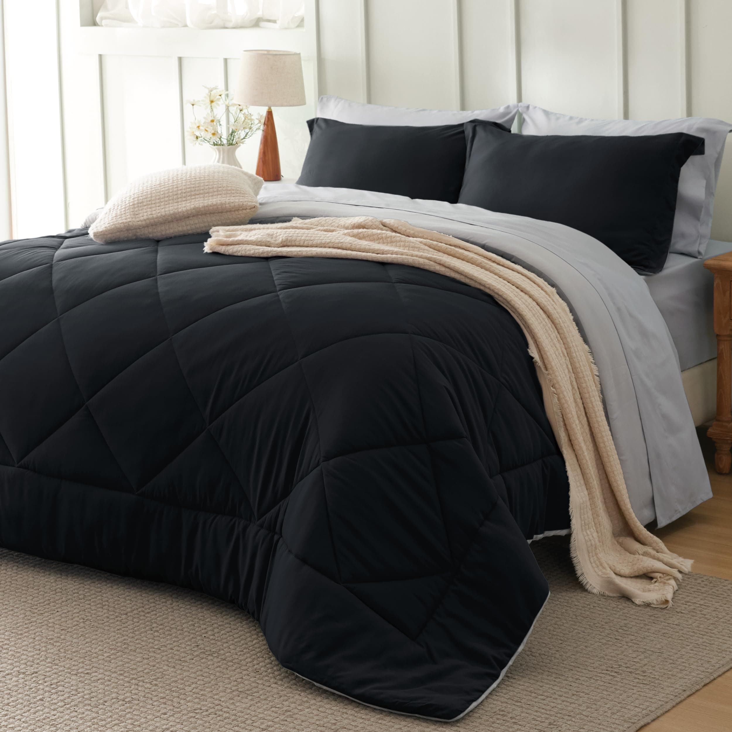 Full Size Comforter Set - 7 Pieces Reversible Black Bedding, Full Size Bed Set for All Seasons, Bed in a Bag with Down Alternative Comforter, Sheets, Pillowcases & Shams