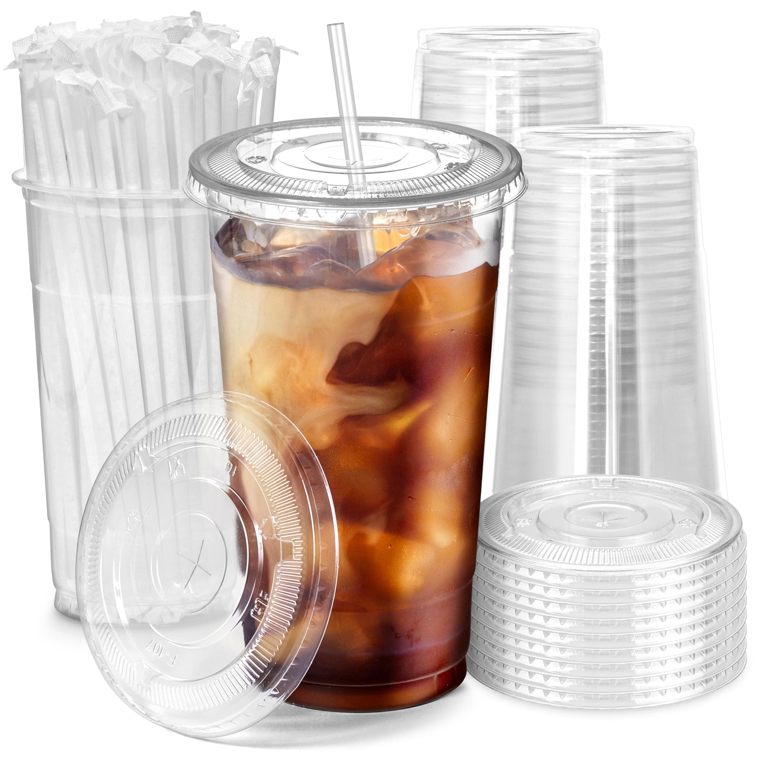 Fit Meal Prep 300 Pack 32 oz Plastic Iced Coffee Cups with Flat Lids and Clear Straws, Disposable Clear Cup, BPA Free Cup for Party, Smoothie, Cold Drinks, Juice, Milkshake, Bubble Boba, Tea