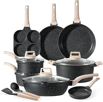 CAROTEPots and Pans Set, Nonstick Cookware Sets, Classic Black Induction 14Pcs Cookware Non Stick Cooking Set w/Frying Pans & Saucepans