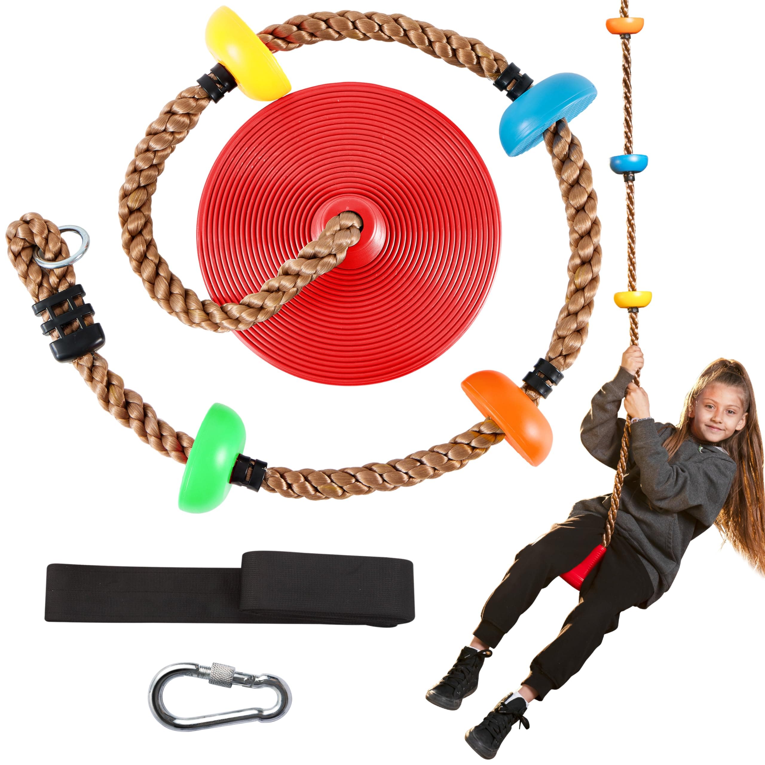 Tree Swing for Kids, Single Disk 6 Ft Outdoor Climbing Rope, Carabiner & 4 Ft Tree Strap, Playground Accessories - Multi-Colored Disc Swing Seat-Red