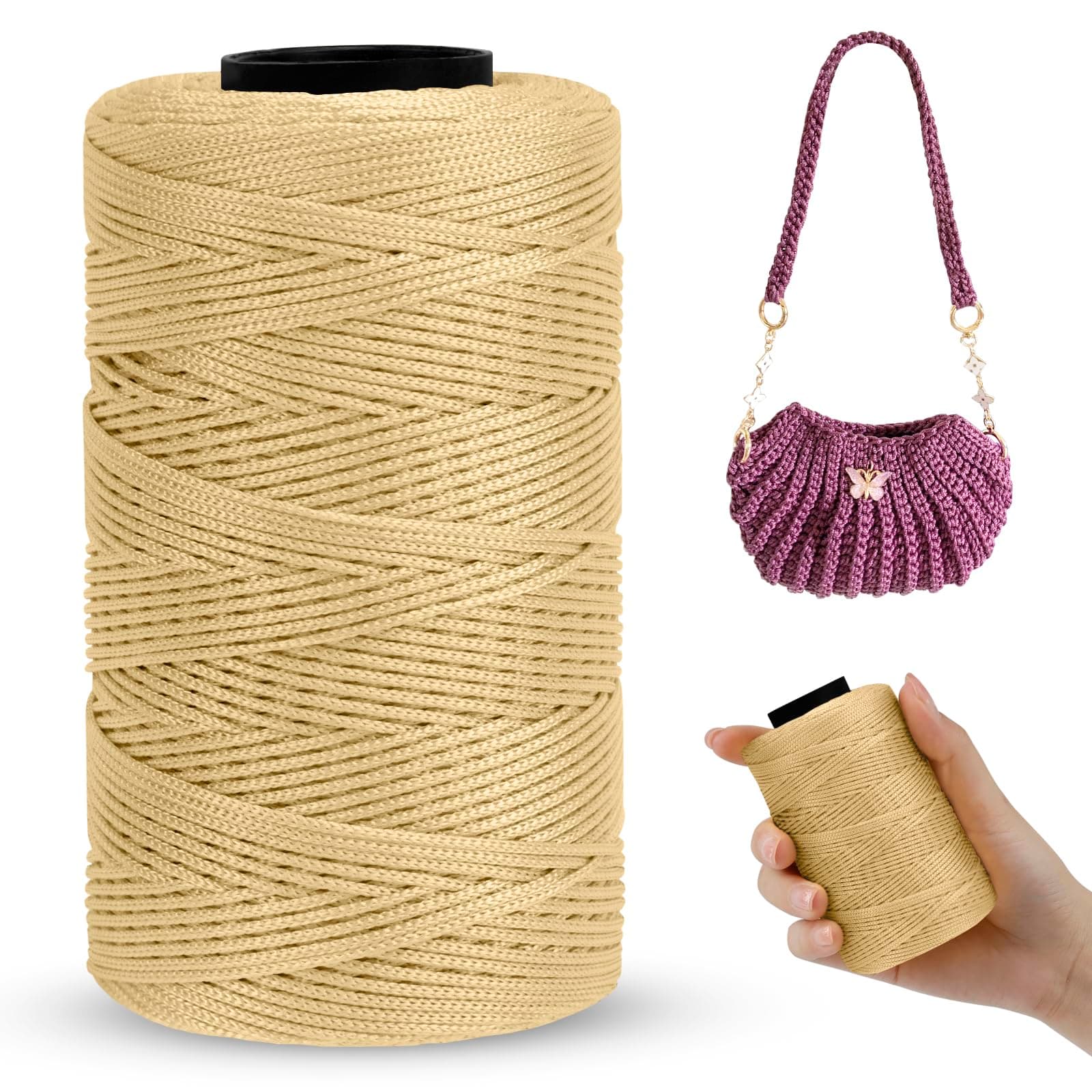 Polyester Macrame Cord 1mm x 230m, Polyester Yarn for Crocheting, Braided Polypropylene Crochet Bag Cord Macrame Yarn for Handbag, Beading, DIY Crafts (Khaki)