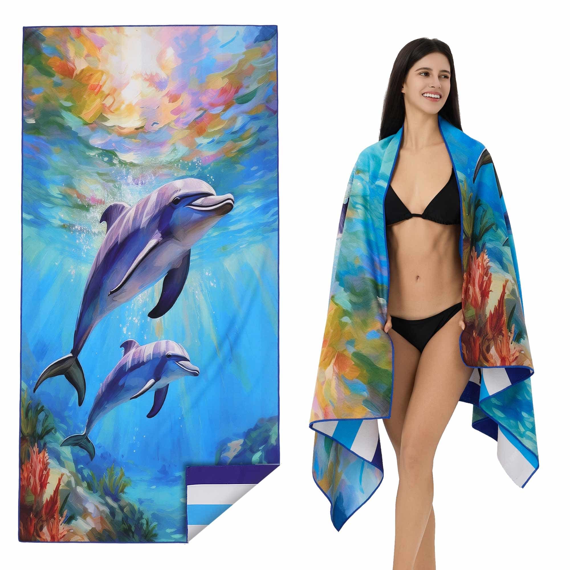 - Microfiber Extra Large, Oversized Blue White Striped Beach Towels (70''x35''), Soft&Lightweight 2 Pack XL Quick Dry Cute Dolphin Towel for Adults & Women，Sand Free for Pool,Spa,Swim,Travel
