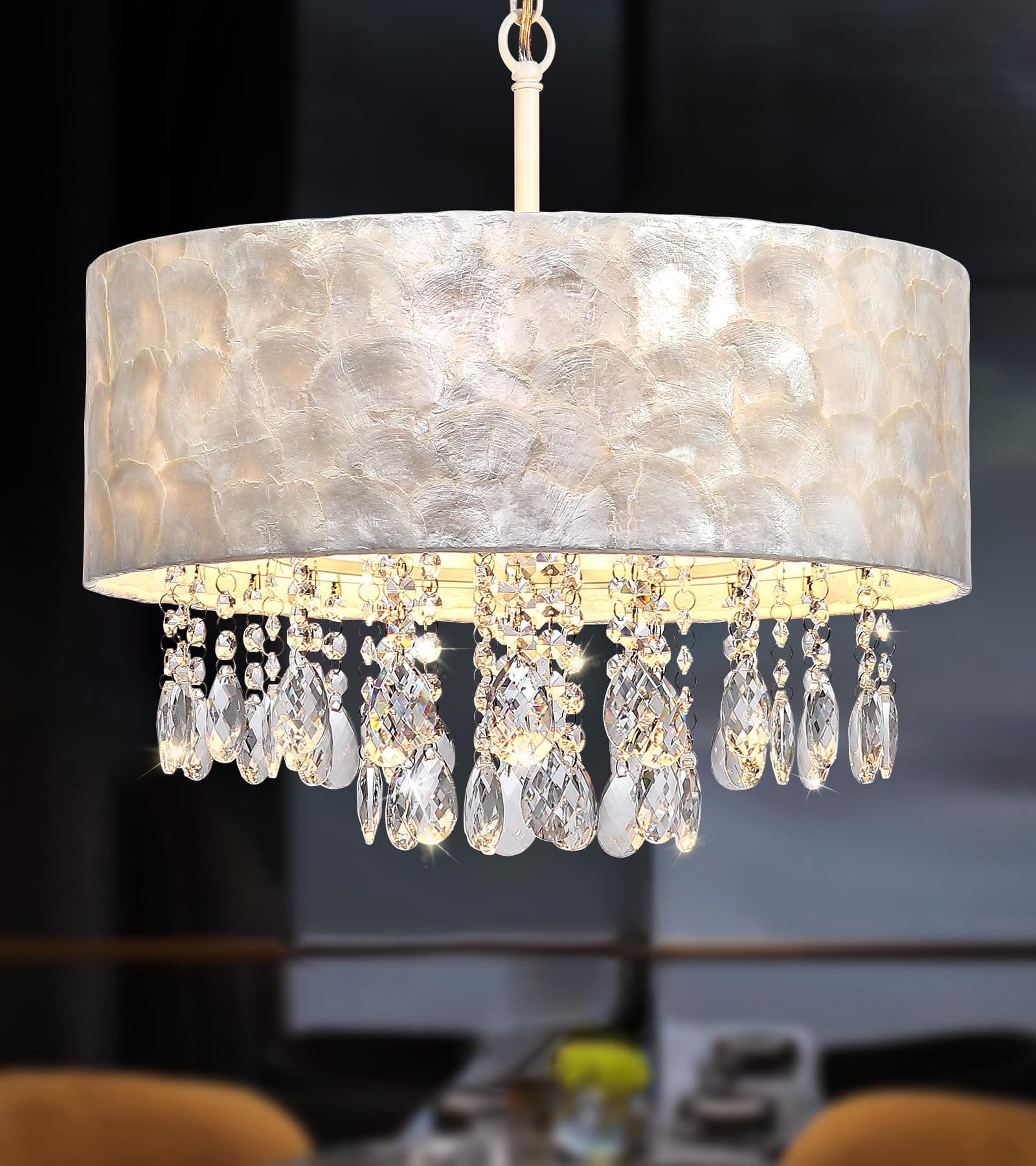 Q&S 4-Light 18“ Drum Capiz Shell Crystal Chandelier,UL Listed,Boho Coastal Modern Glam Luxe Adjustable Pendant Light Fixture for Dining Room Living Room Bedroom (White)