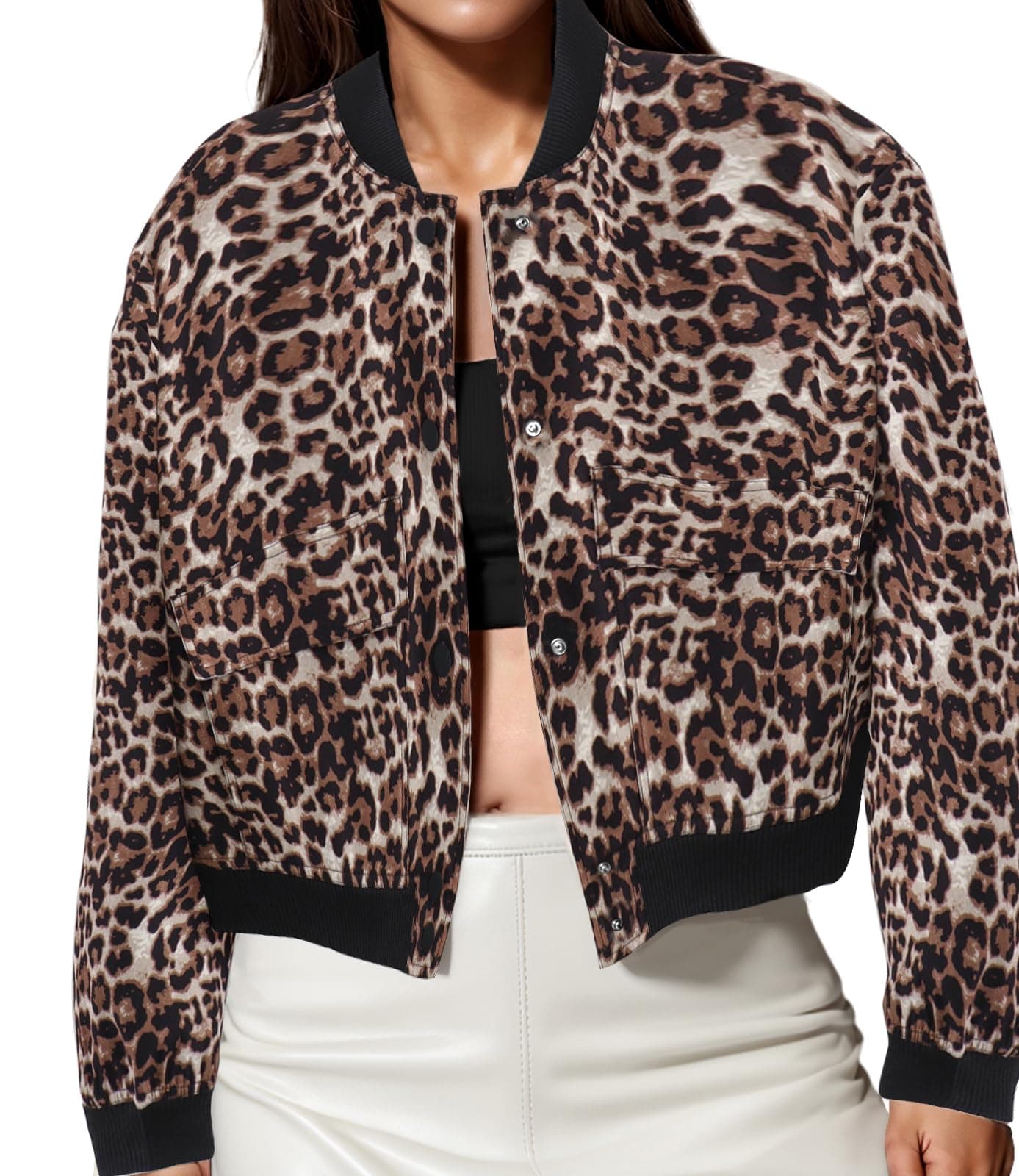 Modegal Women's Spring Varsity Bomber Jackets Long Sleeve Cropped Button Down Casual Coat with Pockets Outwear