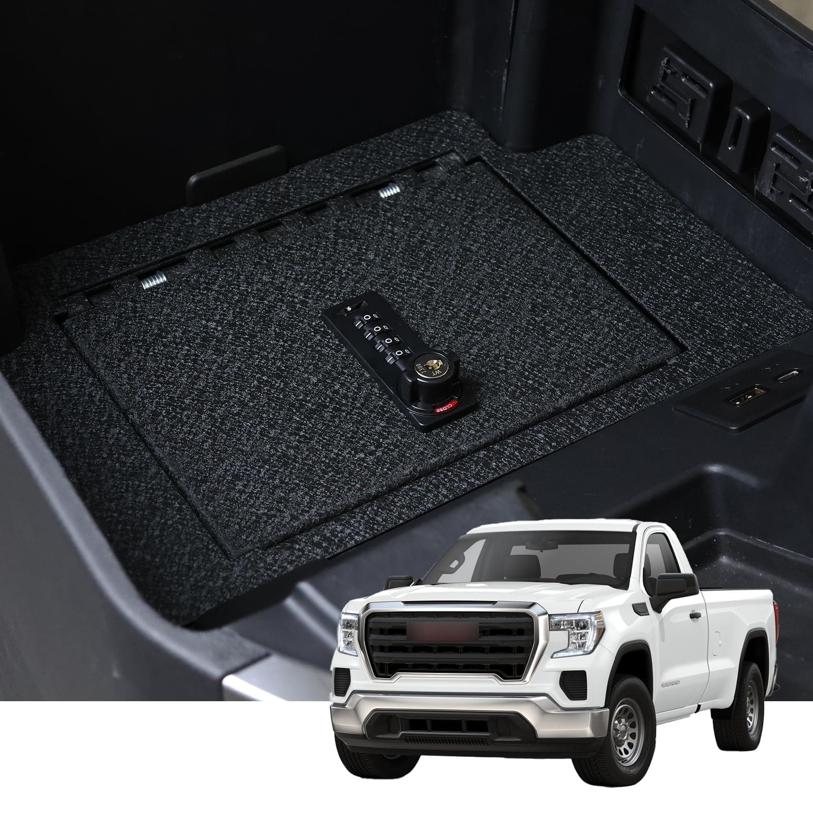 Center Console Safe Vault - KEREN Console Gun Safe Box Compatible with Chevy Silverado 1500/GMC Sierra 1500 2023-2026, GMC 2500 2023-2026, 4-Digit Combination Lock with Key