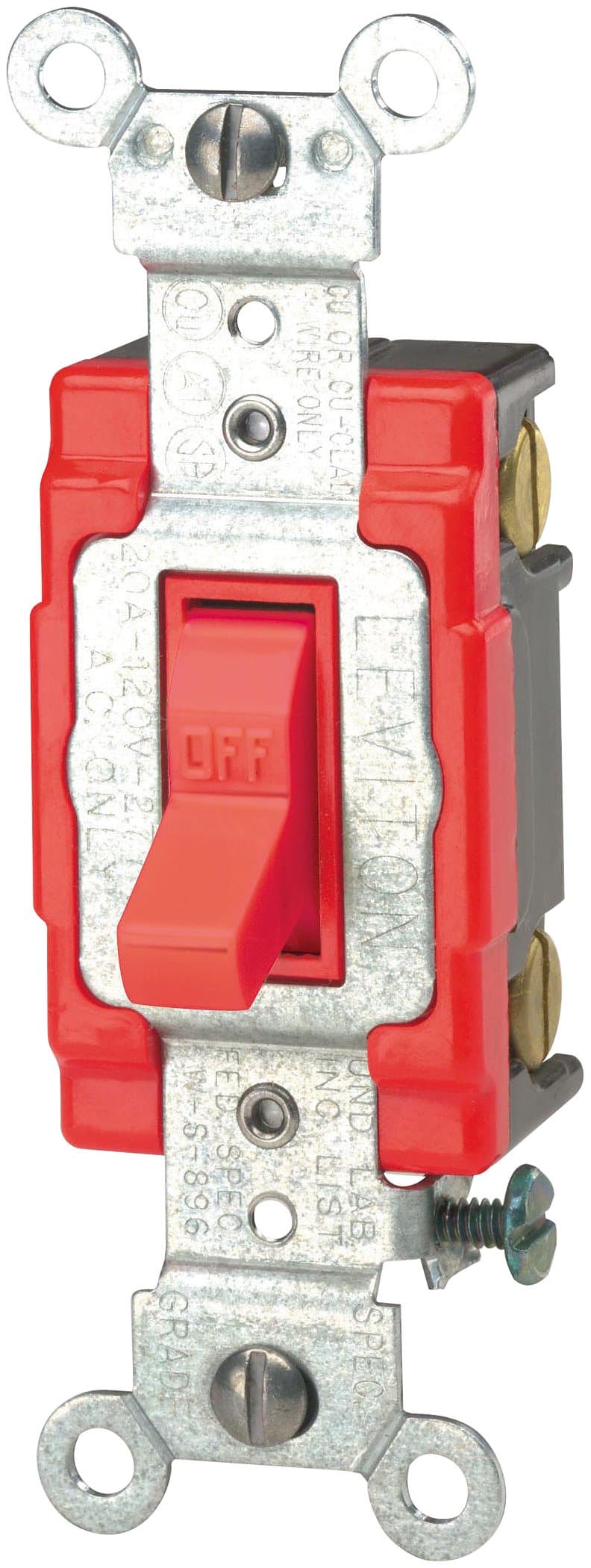 Leviton 20-Amp, 120/277-Volt, Toggle Single-Pole AC Quiet Switch, Extra Heavy Duty Spec Grade, Self Grounding, 1221-2R, Red