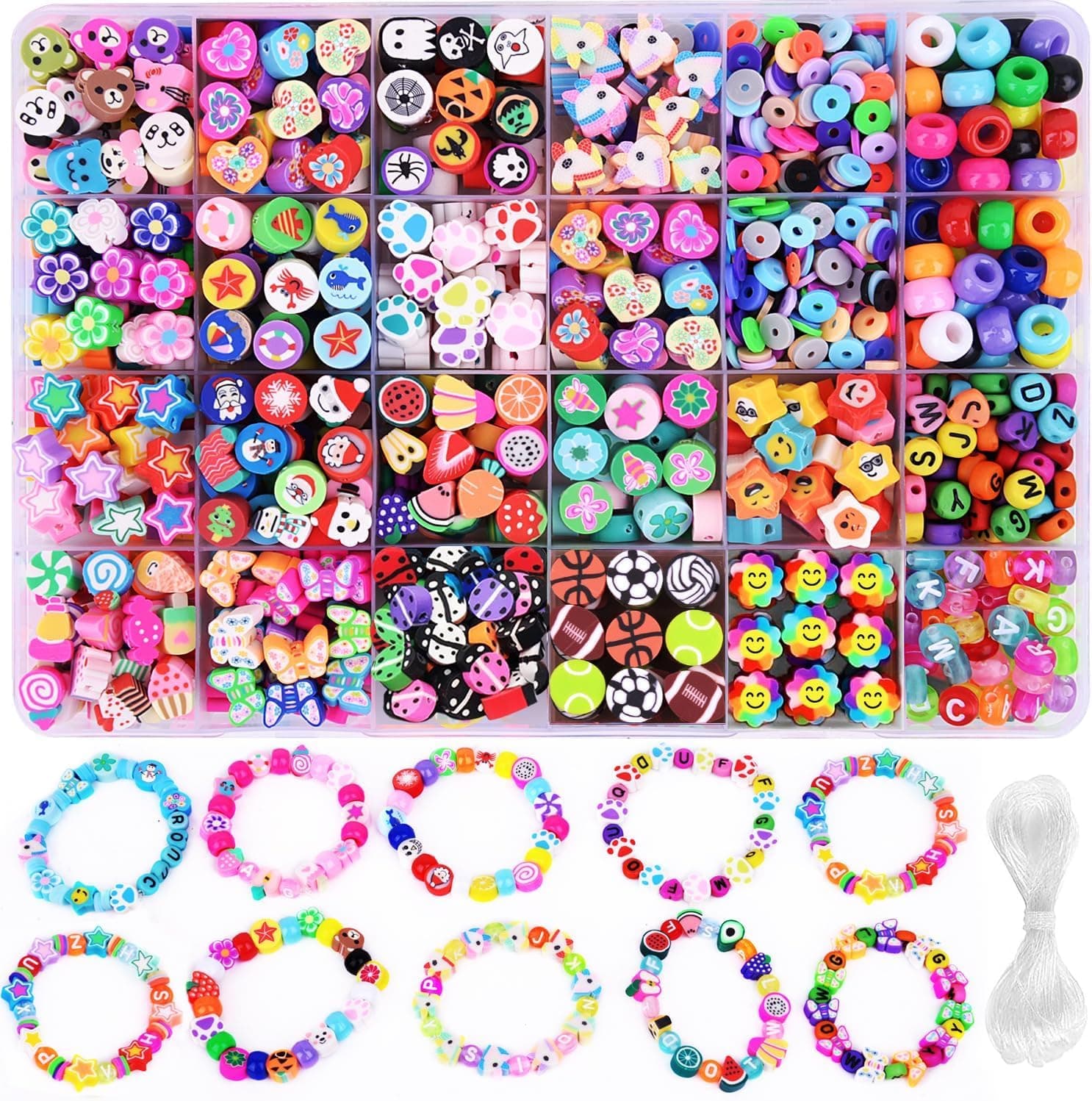 BBita 1000PCS Polymer Clay Beads Bracelet Making kit, 24 Style Cute Fun Beads Fruit Flower Animal Cake Butterfly Heart Beads Charms for Jewelry Necklace Earring Making DIY Accessories for Women Girls