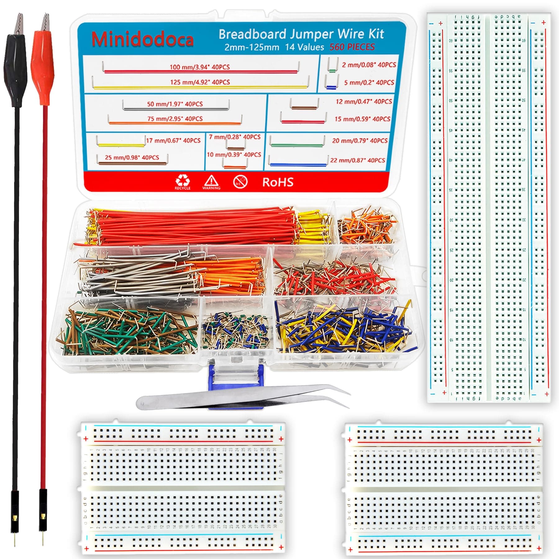560Pcs Breadboard and Jumper Wire kit PCB Circuit Board Assortment 14 Different Lengths with breadboard，Tweezers，Alligator Clip Test Leads and Plastic Box
