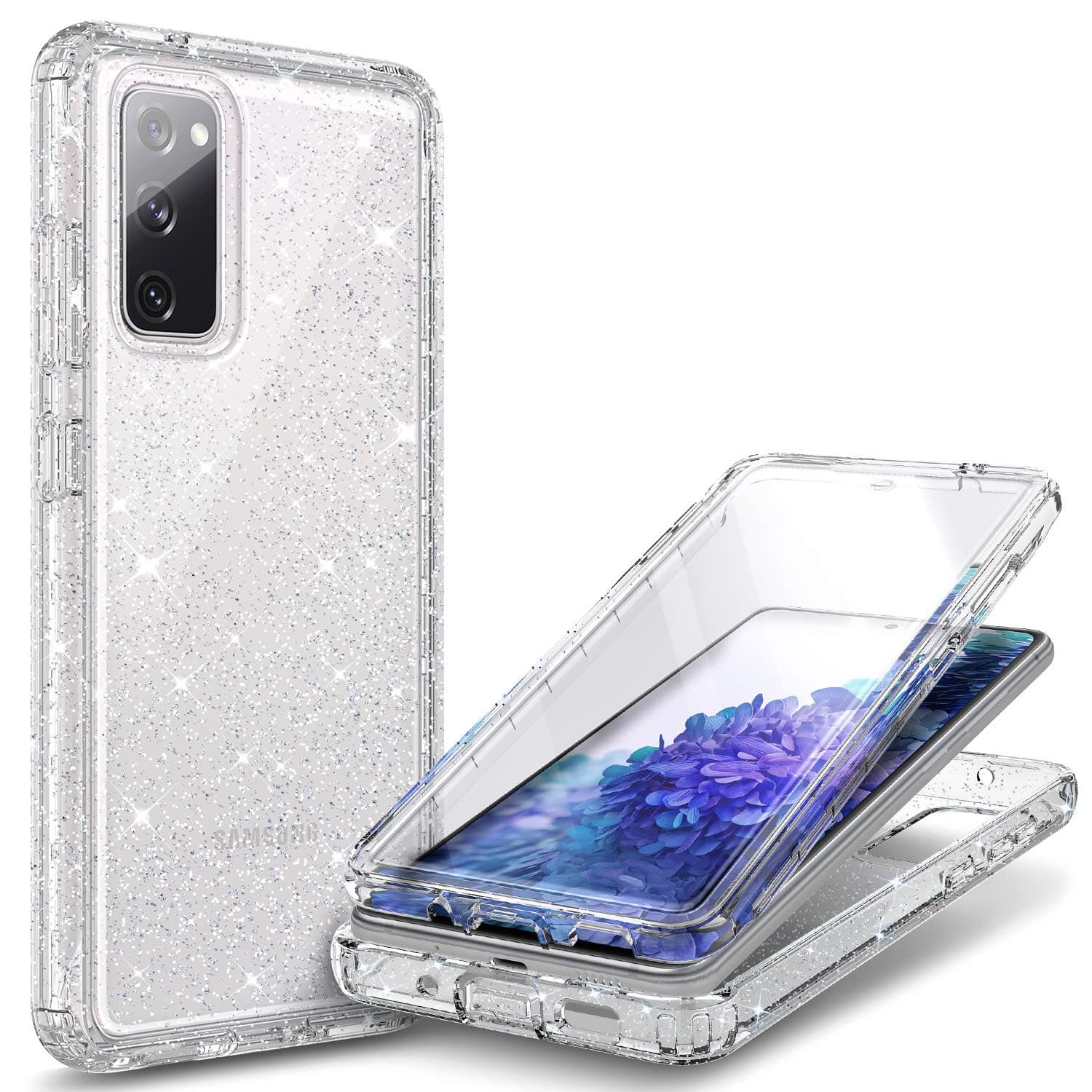 NZND Designed for Samsung Galaxy S20-FE 5G Case, Crystal Glitter Clear | with [Built-in Screen Protector], Full-Body Protective Shockproof Rugged Bumper Phone Cover