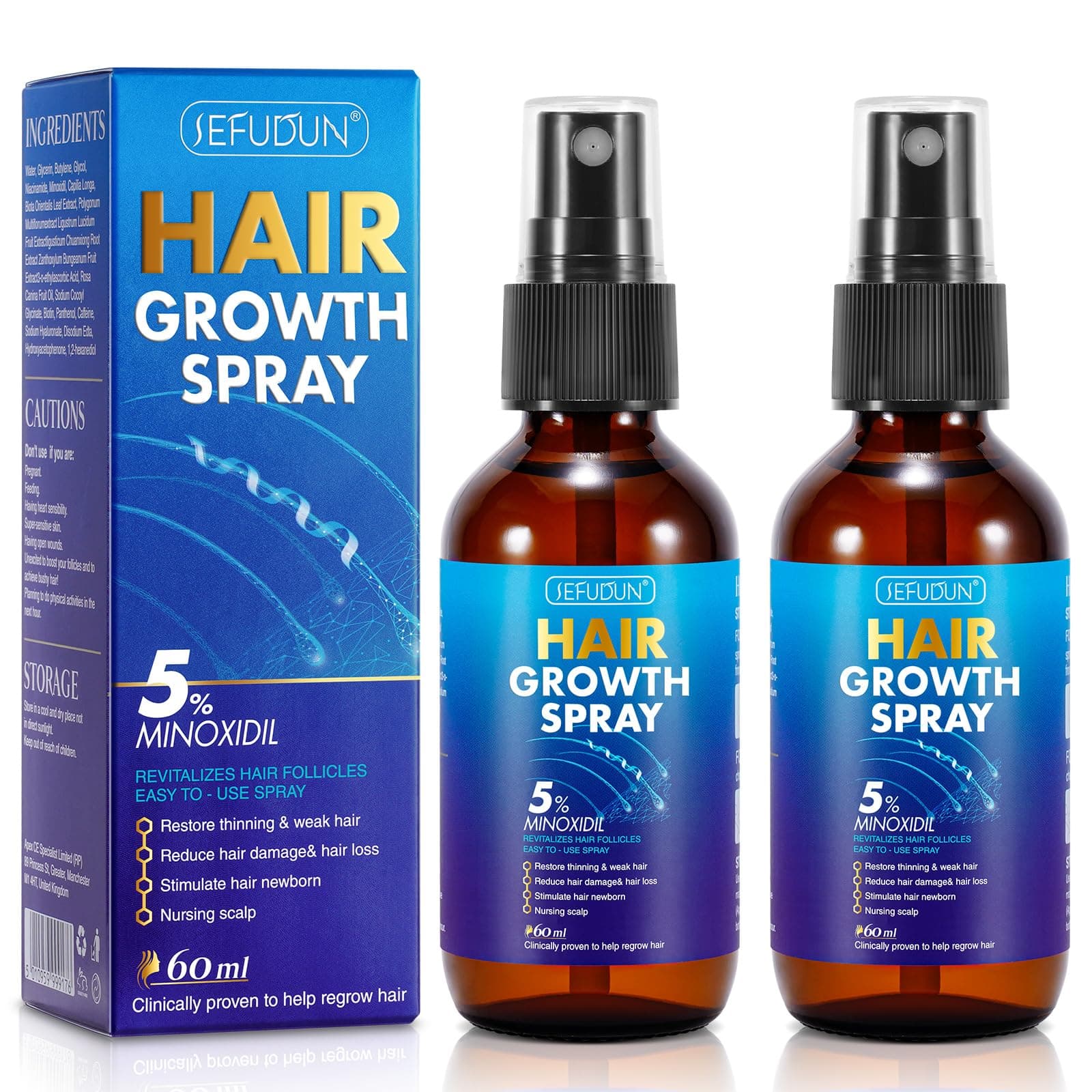2 PACK 5% Minoxidil Hair Growth Spray for Thinning and Weak Hair, Scalp Treatment to Regrow Hair, Reduce Damage and Hair Loss for Men and Women, 2.02 OZ