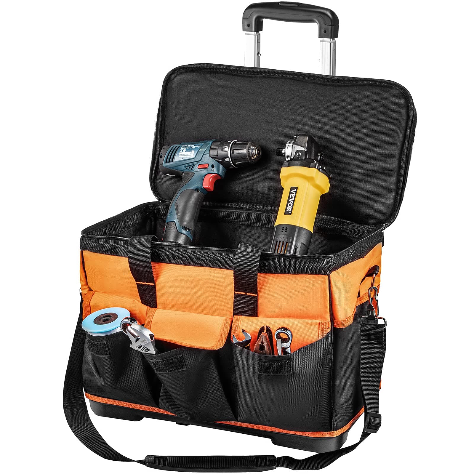 VEVOR Rolling Tool Bag, 18in Tool Bag with Wheels, 17 Pockets Roller Tool Bag, 110lb Load Capacity Rolling Tool Bag w/Wheels, Roller Tool Box w/Two 2.56in Wheels, Rolling Tote w/Telescoping Handle
