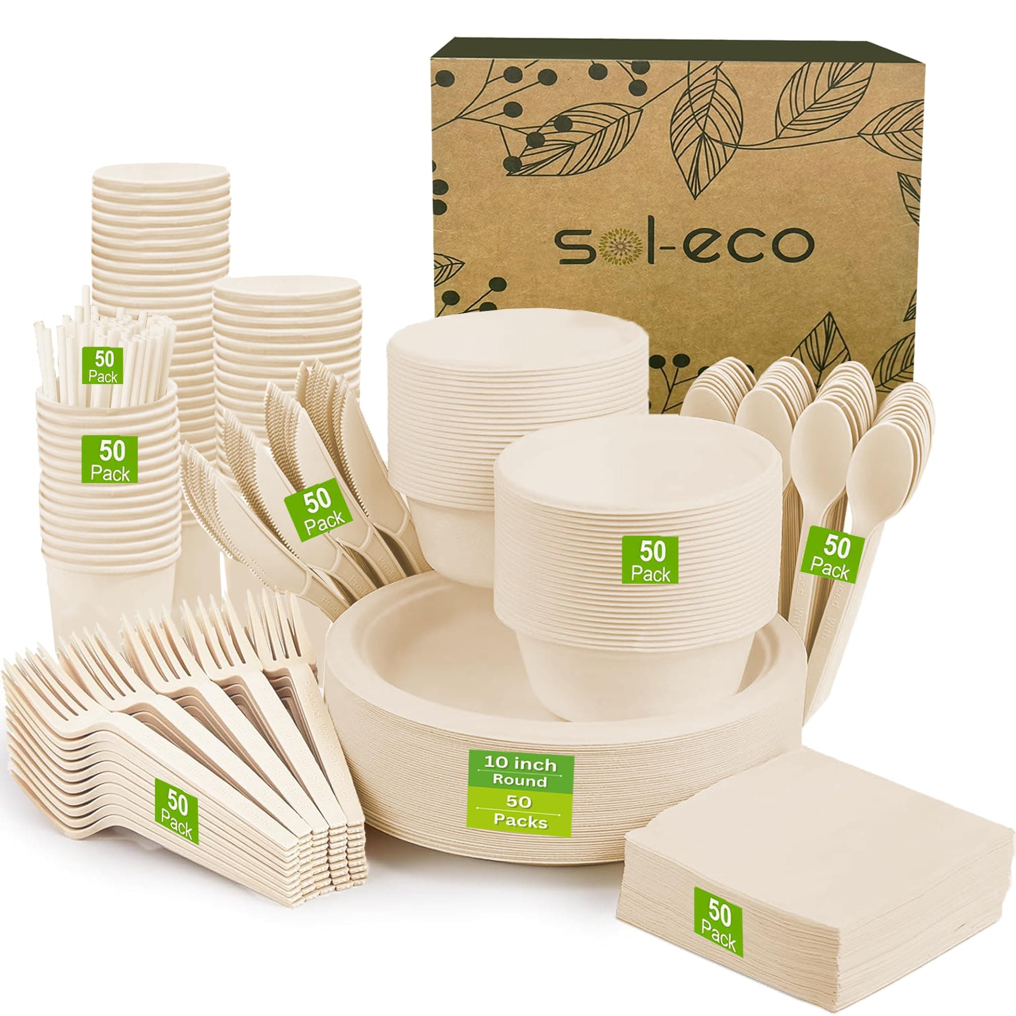 SOLECO Compostable Paper Plates 10 Inch [150 Pack], Disposable Biodegradable Heavy Duty Paper Plates,Heat Resistant Alternative to Plastic or Paper,Made of Natural Sugarcane Fibers