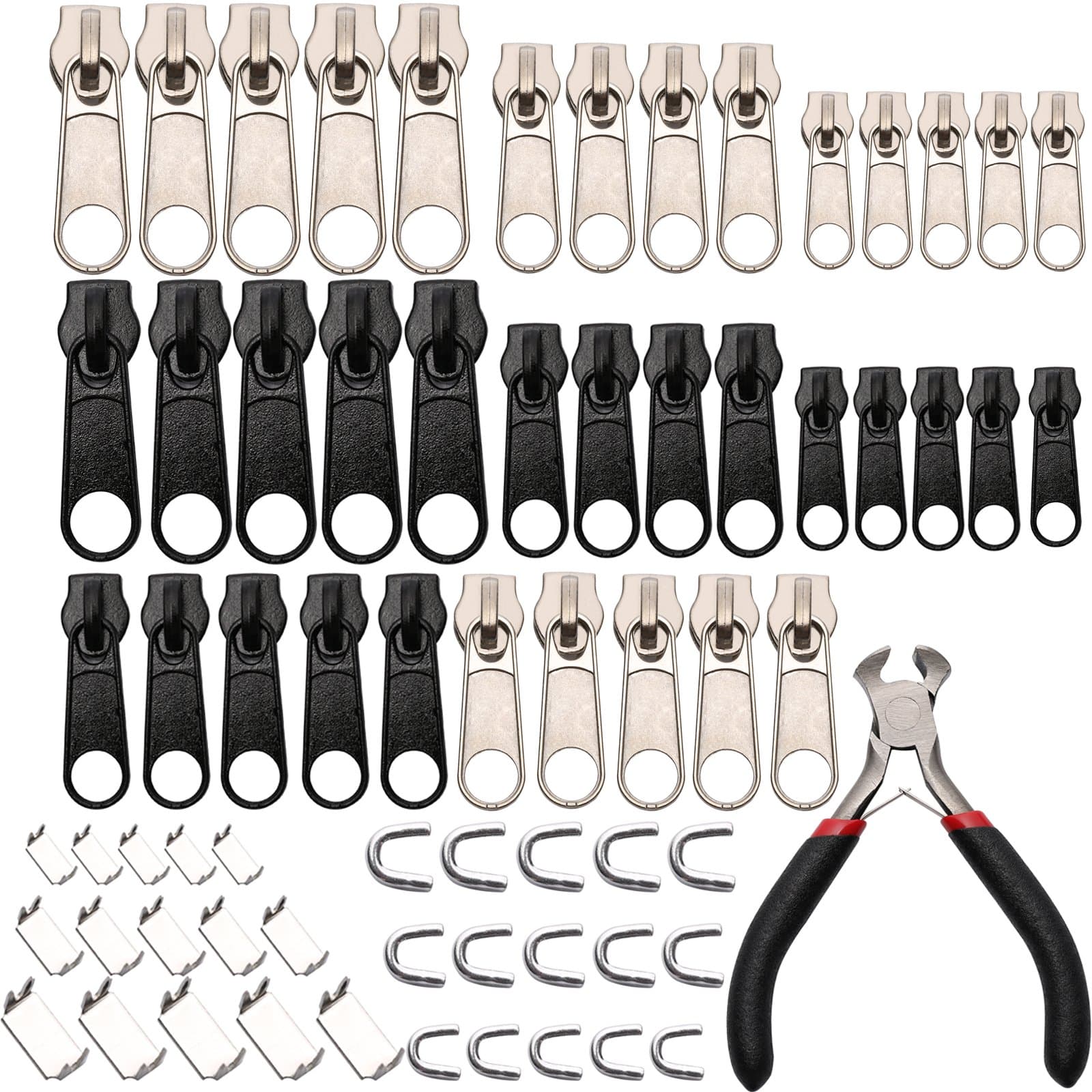 Maosifang Zipper Replacement 141 Pieces Pull Tabs Zip Fixer Zipper Repair Kit with Zipper Install Pliers Tool, Black and Silver