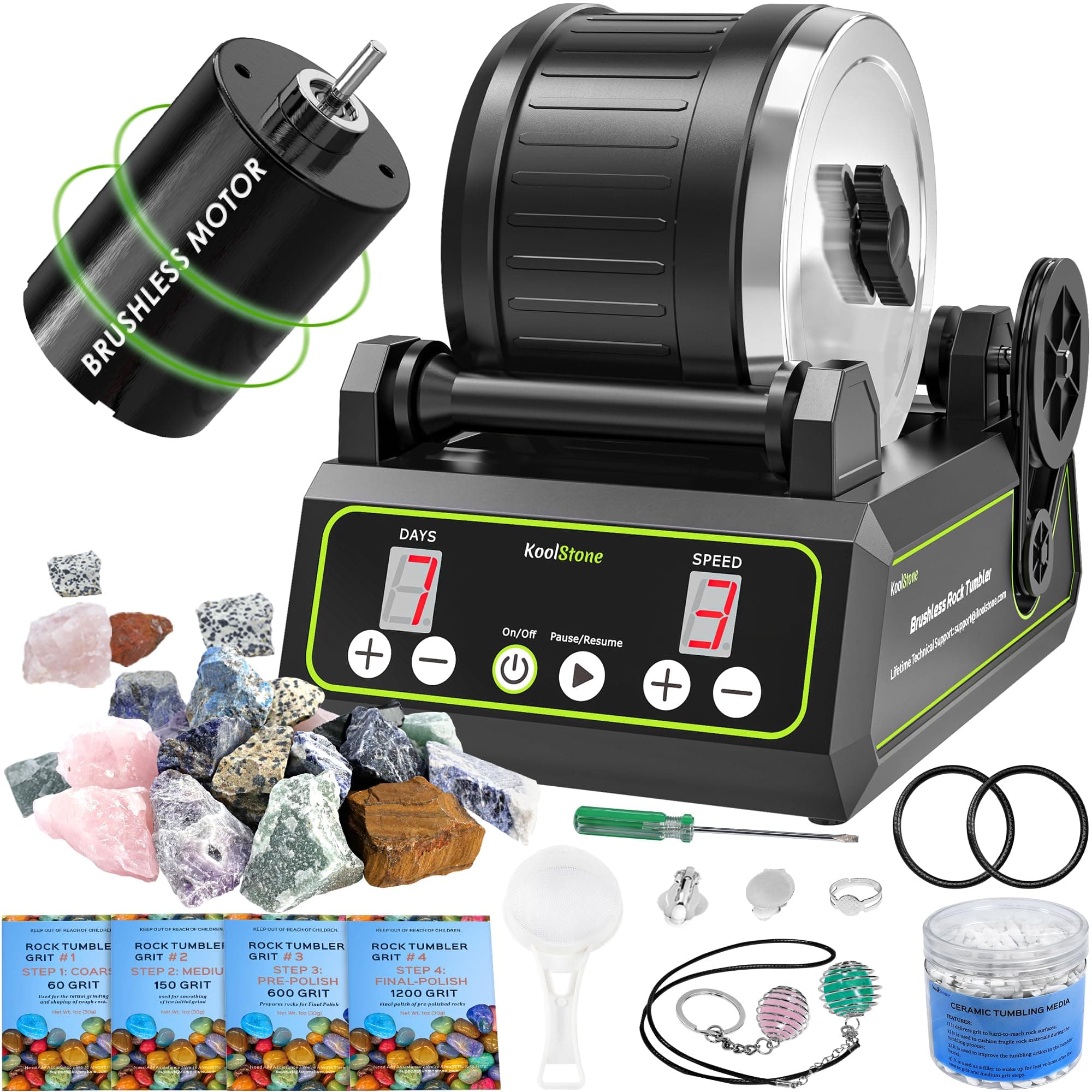 C1 Pro Brushless Rock Tumbler Kit - Professional Large 2.5LB Capacity, Up to 3X More Durable, Ultra Long Working Life Rotary Polisher with Full Accessories & Memory Function, Ideal for Adults