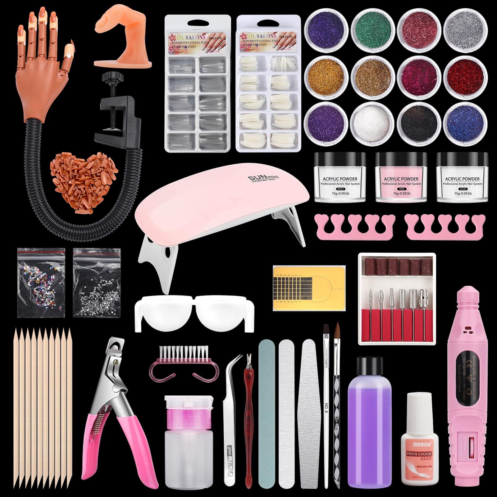 Nail Practice Hand For Acrylic Nails, Flexible Training Kits, Movable Fake To Nails With Drill, Dryer Lamp, 12 Colors Powder Beginners Kit