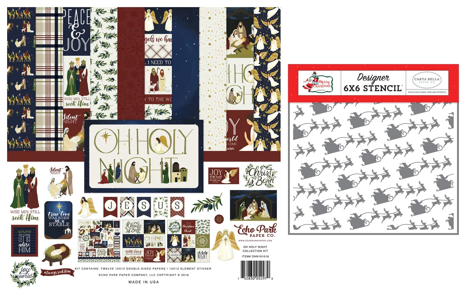 Echo Park Oh Holy Night Collection Kit - 12x12 Patterned Papers & Sticker Sheet plus 6x6 Stencil