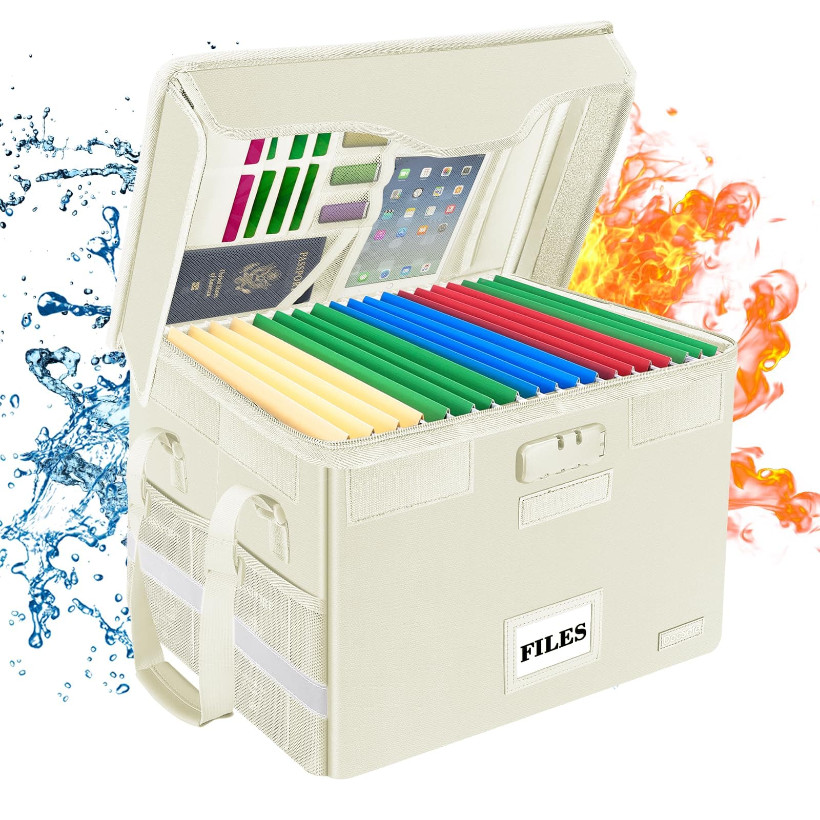 DocSafe Fireproof Document Box with Lock,File Storage Organizer with Zipper Pockets,Collapsible Portable File Box Home Office Safe Filing Cabinet with Handle for Hanging Letter/Legal Folders,Beige