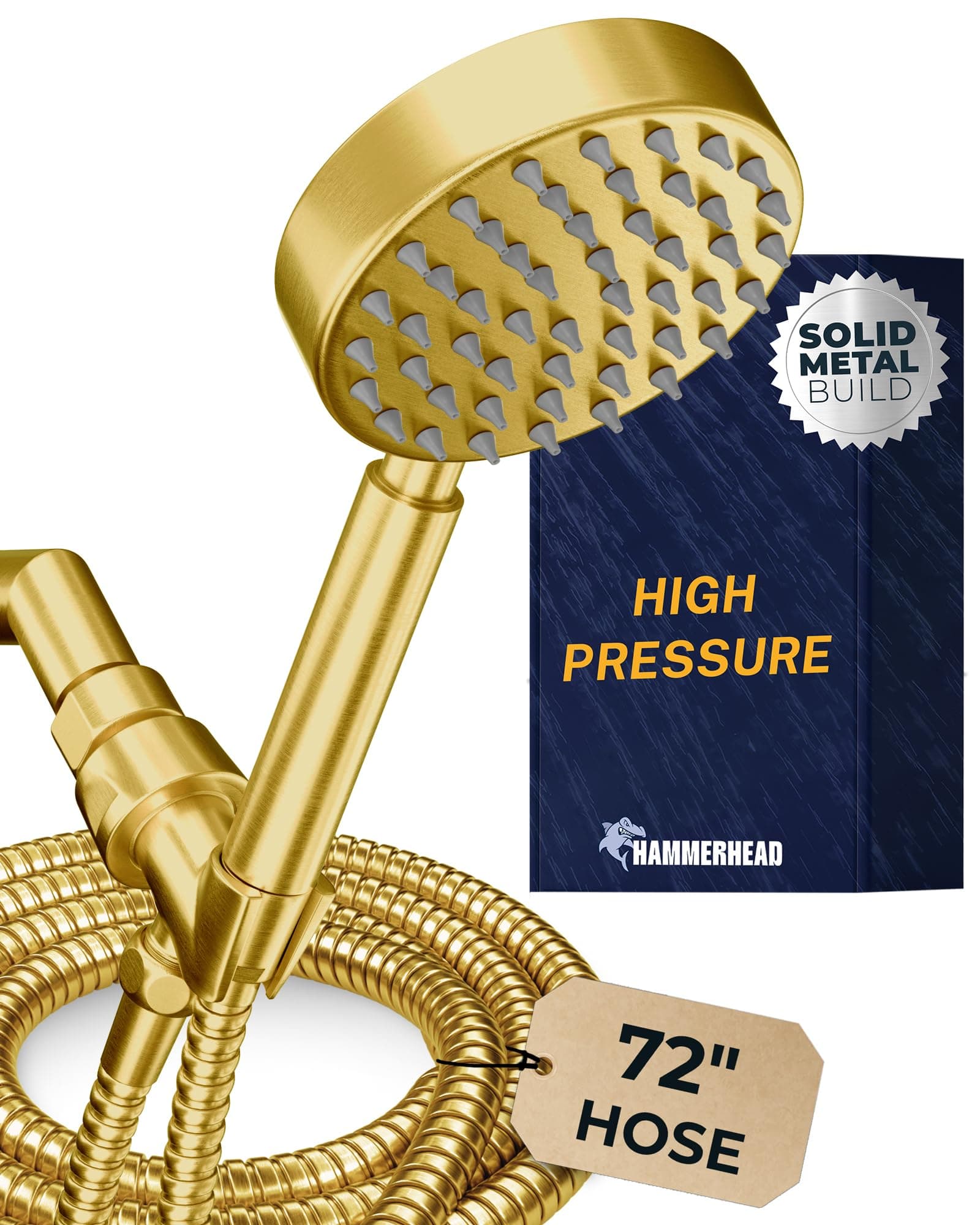 Solid Metal Handheld Shower Head with Hose and Brass Holder - BRUSHED GOLD - 2.5 GPM High Pressure Shower Heads with Adjustable Shower Wand Bracket - 6ft Flexible Extension