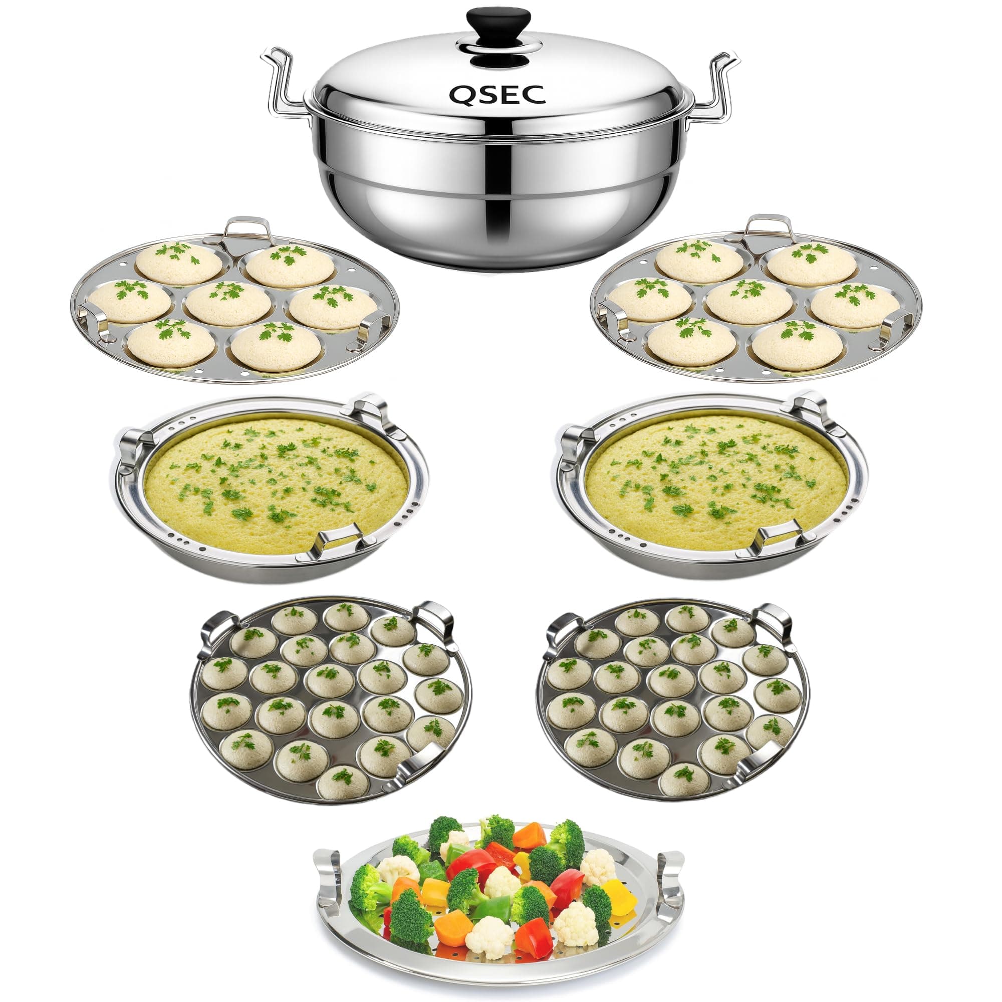 Stainless Steel Triple 3-layer bottom Multi Kadai Idli maker with 7 plate - Induction Base Idli Maker Multi Kadai Idli Steamer Idli Cooker momo steamer | 2 Mini Idli | 2 Idli | 2 Dhokla | 1 Momo steamer plate