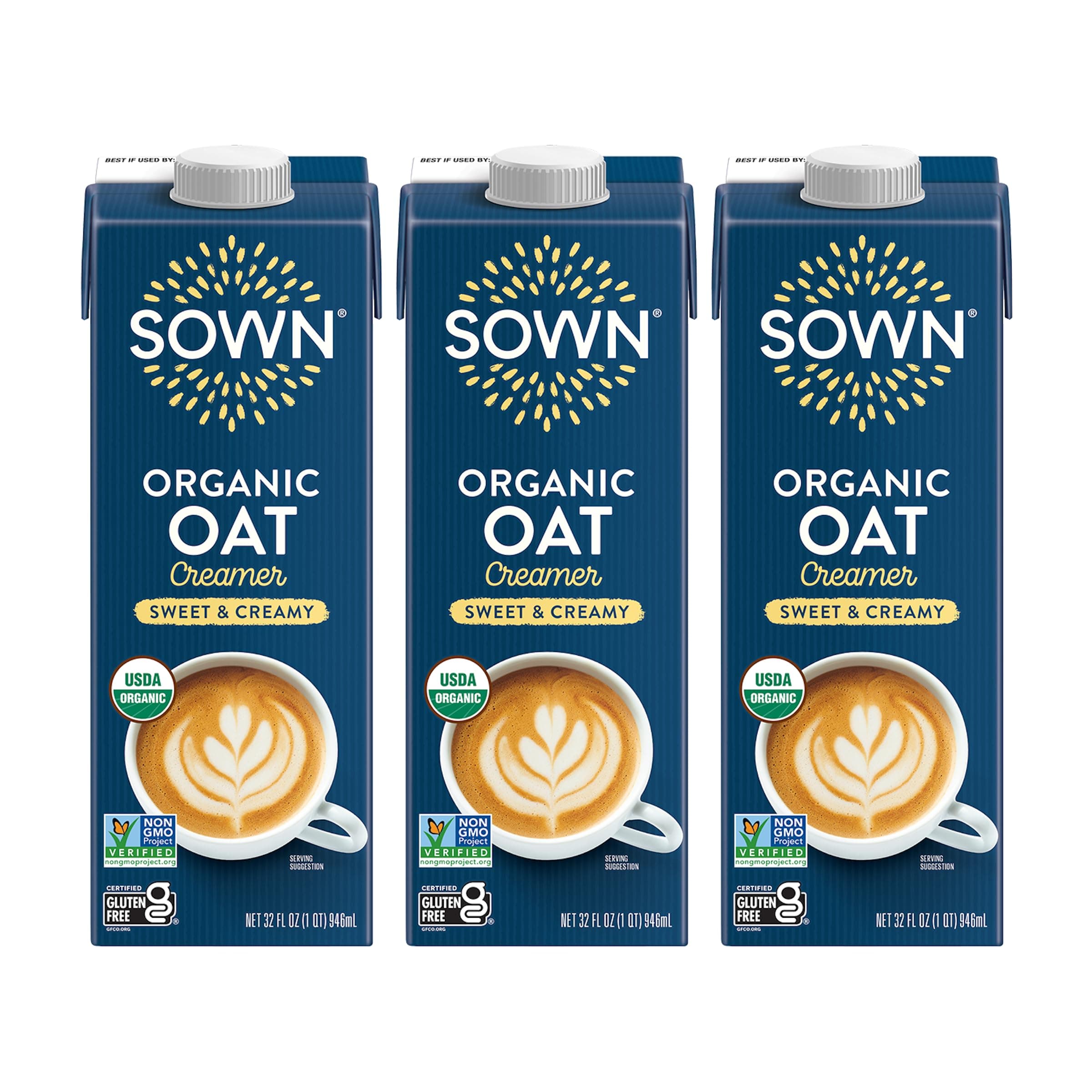 SOWN Organic Oat Creamer Sweet & Creamy - Barista Oat Milk Non Dairy Coffee Creamer - Plant Based, Dairy-Free, Vegan, Gluten-Free, Non-GMO, Shelf Stable - 32oz (Pack of 3)