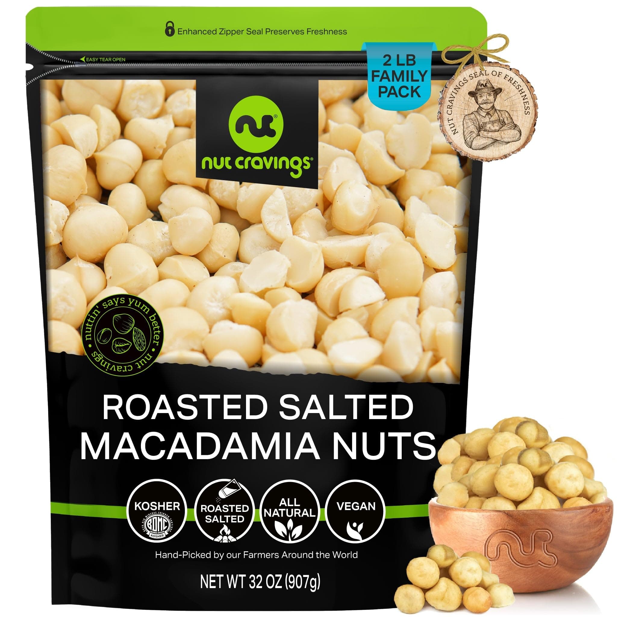 NUT CRAVINGS - Roasted & Salted Macadamia Nuts - No Shell, (32oz - 2 LB) Bulk Nuts Packed Fresh in Resealable Bag - Healthy Protein Food Snack, Food Assortments Hazelnut