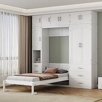 Twin Size Murphy Bed Cabinet with Lockers and Wardrobes,Folding Wall Bed Chest W/Drawers & Solid Frame,Space-Saving Hidden Platform Bed for Bedroom,Guest Room,Home,Office,White