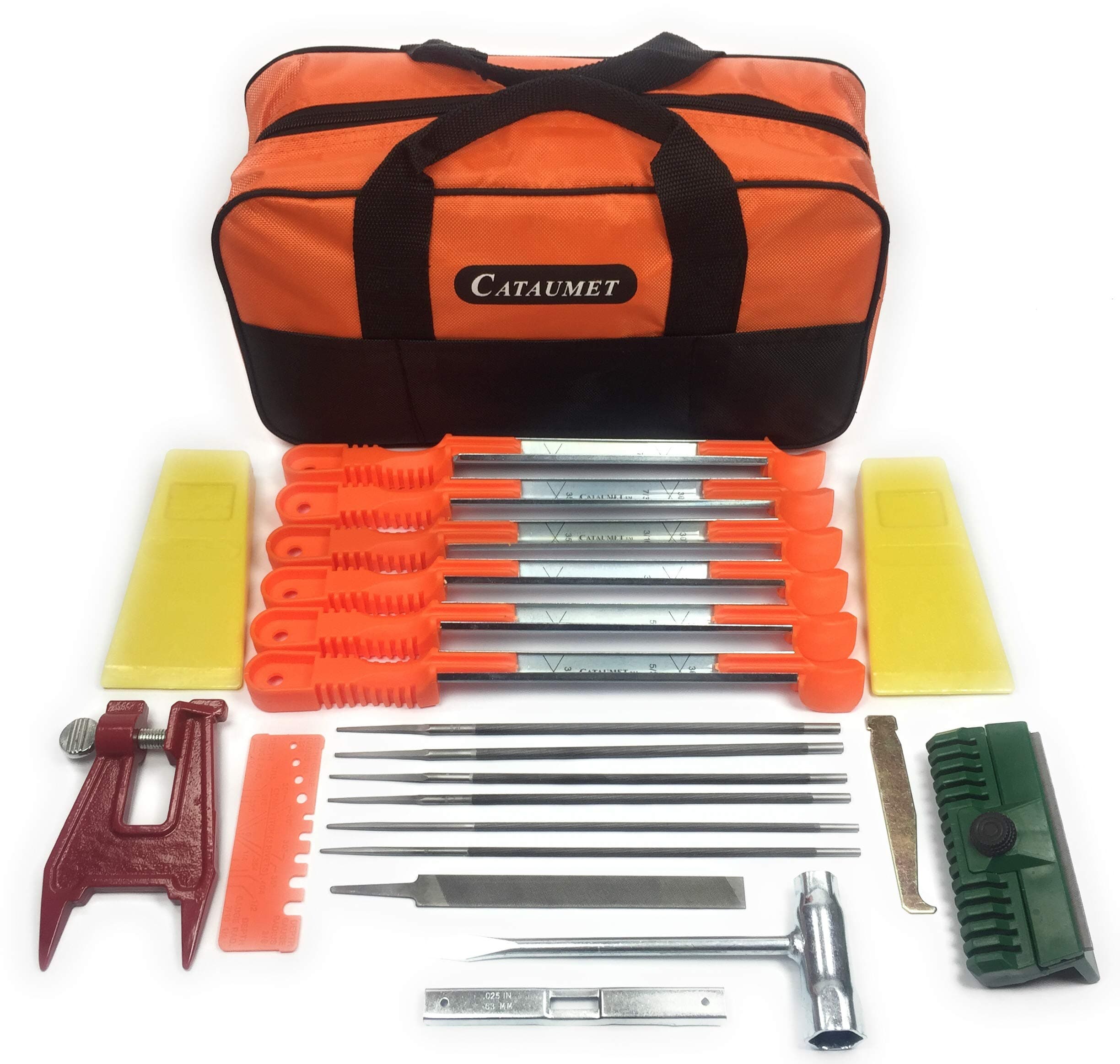 Chainsaw Sharpener Kit Includes 2 5/32” 2 3/16” 2 7/32” Round Files 6 Dual Handle Guides 1 Stump Vise 2 Felling Wedges 1 Flat File 1 Depth Gauge1 Wrench 1 Bar Dresser 1 Groove Cleaner
