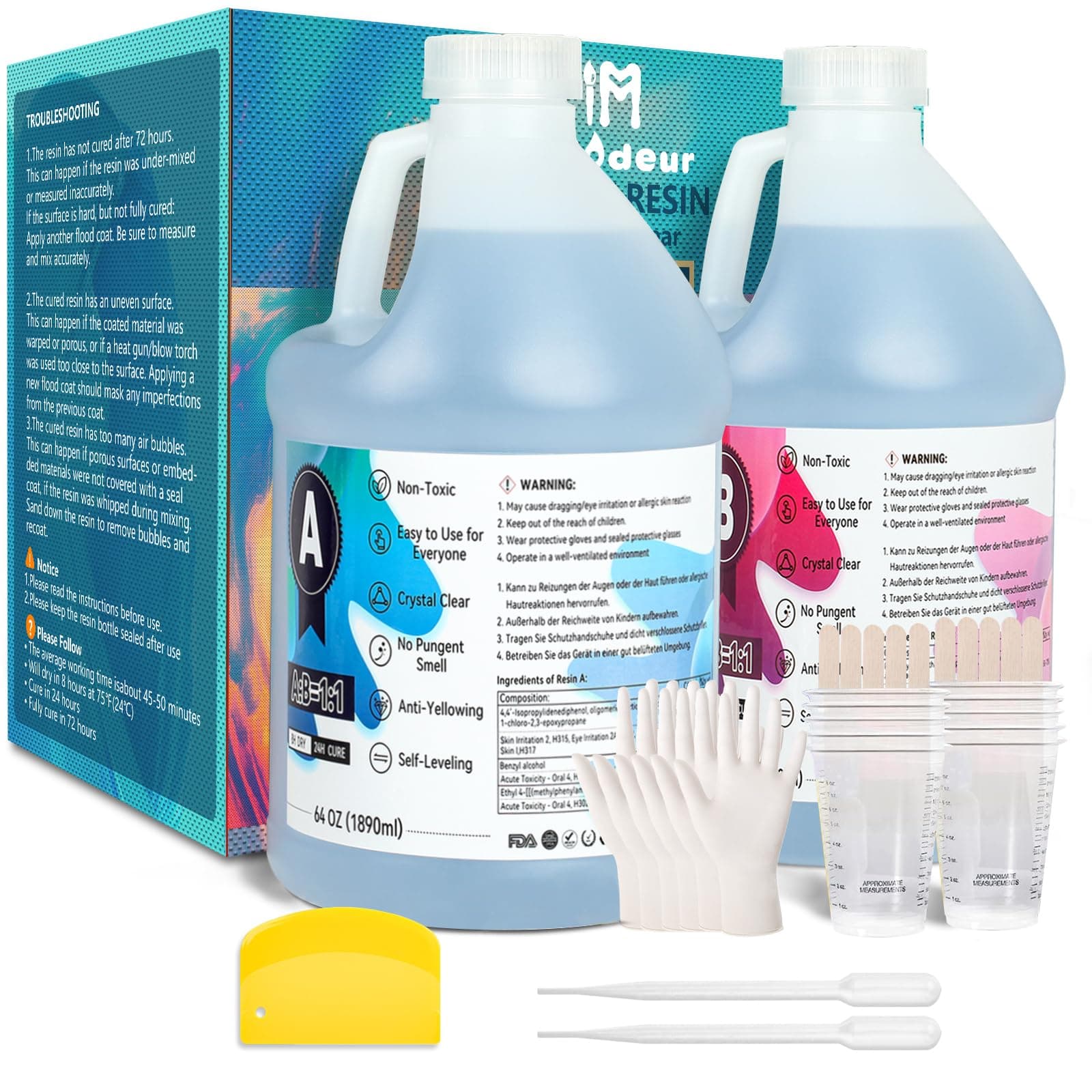 IModeur Epoxy Resin Kit - 128 oz/1 Gallon Self-Leveling Crystal Clear Epoxy Resin - No Yellowing No Bubble UV Resistant Art Resin Casting Resin for Art Crafts, Jewelry Making, Resin Molds (64oz x 2)