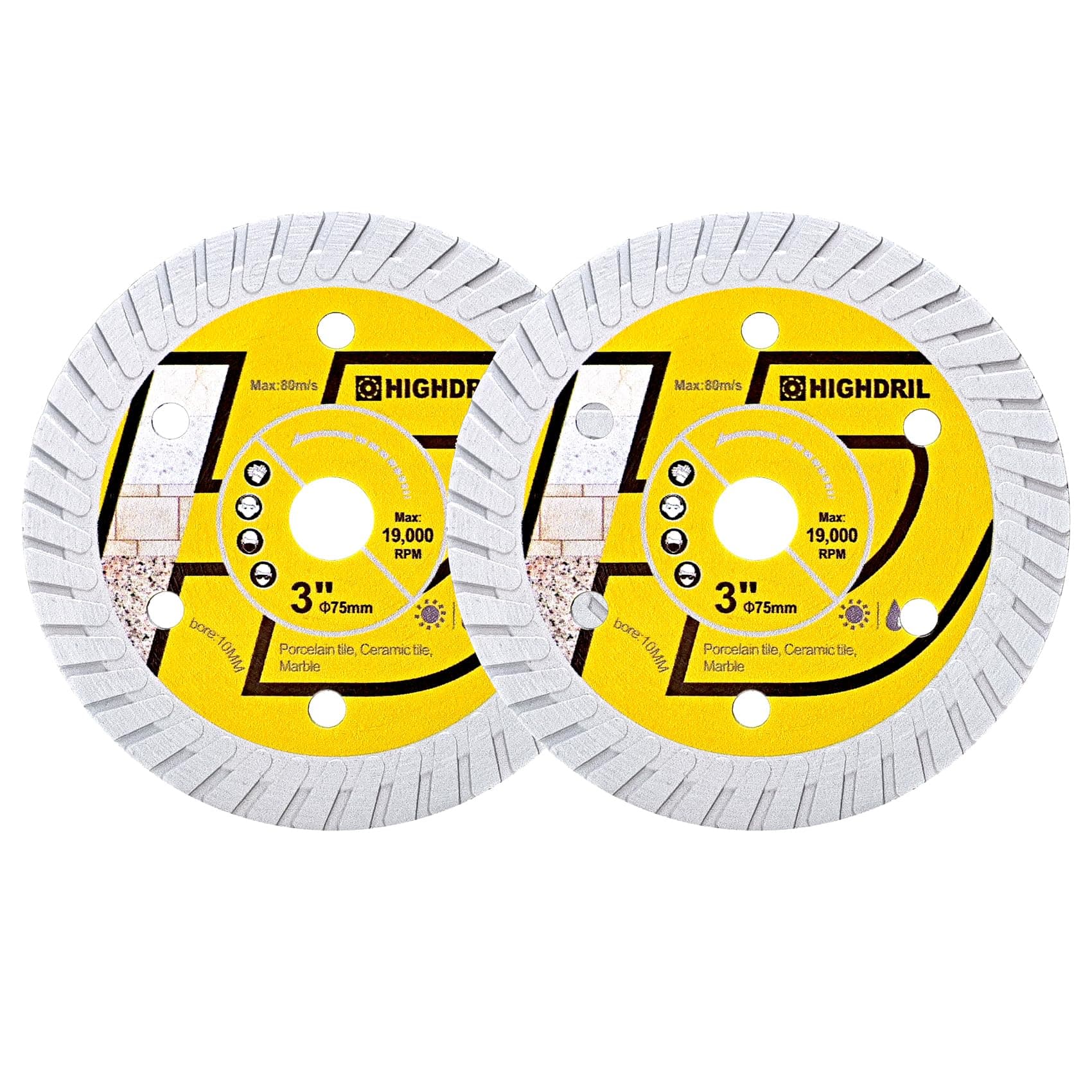 HIGHDRIL 2PCS 75mm/3" Tile Diamond Blade Dry/Wet Angle Grinder Wheel Disc for Cutting Ceramic,Hard Pocelain,Glazed Tiles