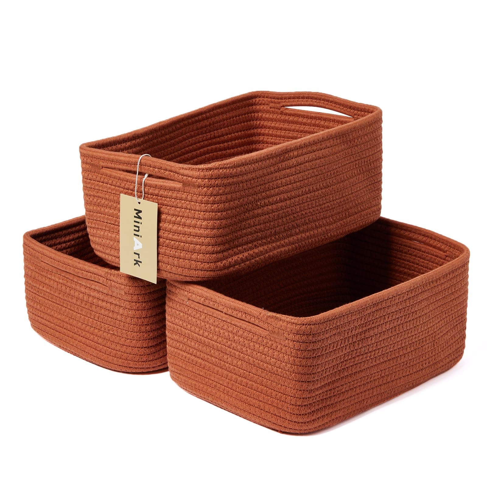 Shelf Storage Baskets for Organizing | Closet Organizer Bins | Small Baskets | Toy Basket | Cute Decorative Basket | Cube Storage Bin | Woven Rope Basket | 13×8.5×5.1” | 3 Packs Oxide Red