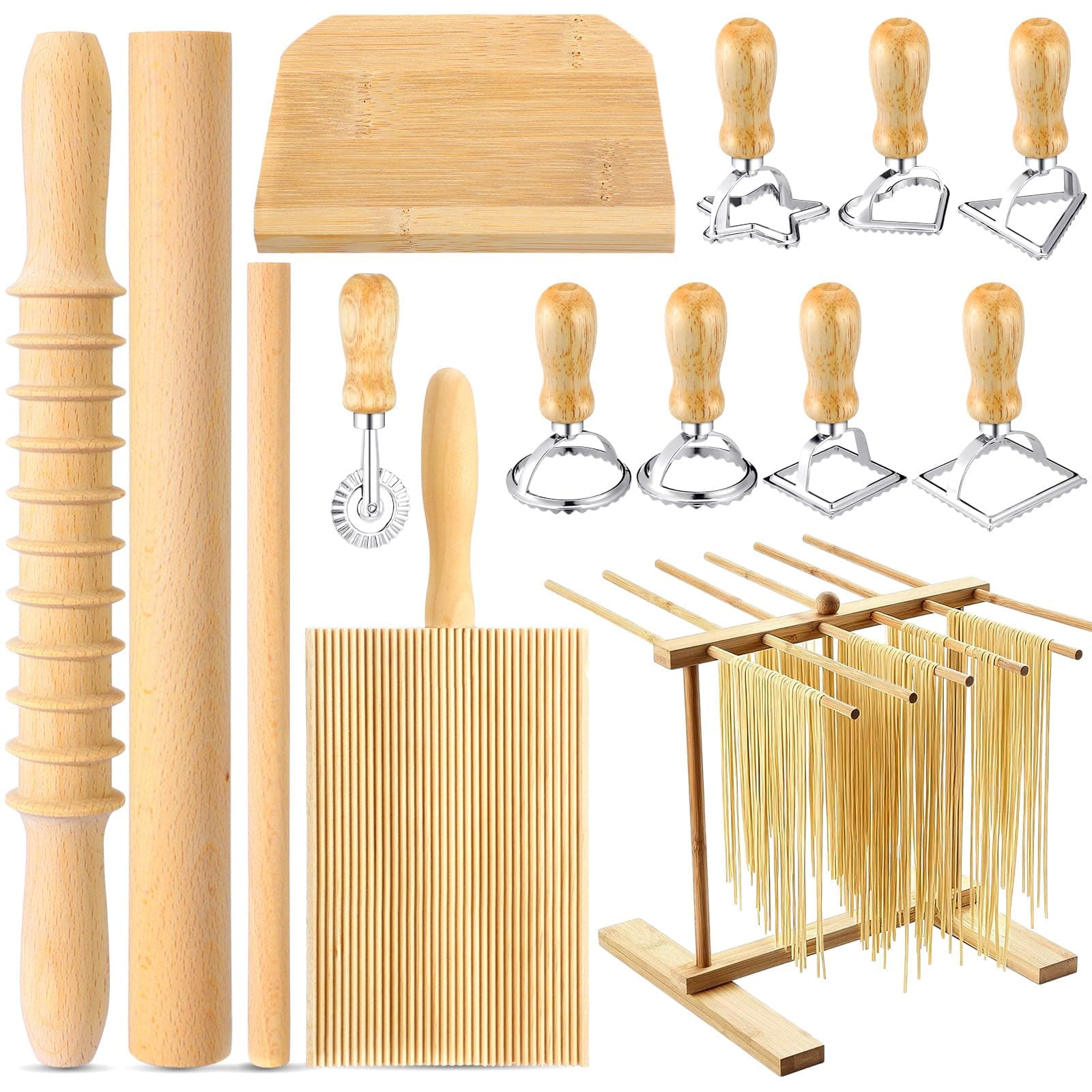 Suclain 14 Pcs Pasta Making Tool Set Includes Wooden Pasta Cutter Dough Scraper Rolling Pin Pasta Drying Rack Gnocchi Board Wood with Roller 8 Ravioli Stamp Maker Cutter for Kitchen Noodle (Classic)