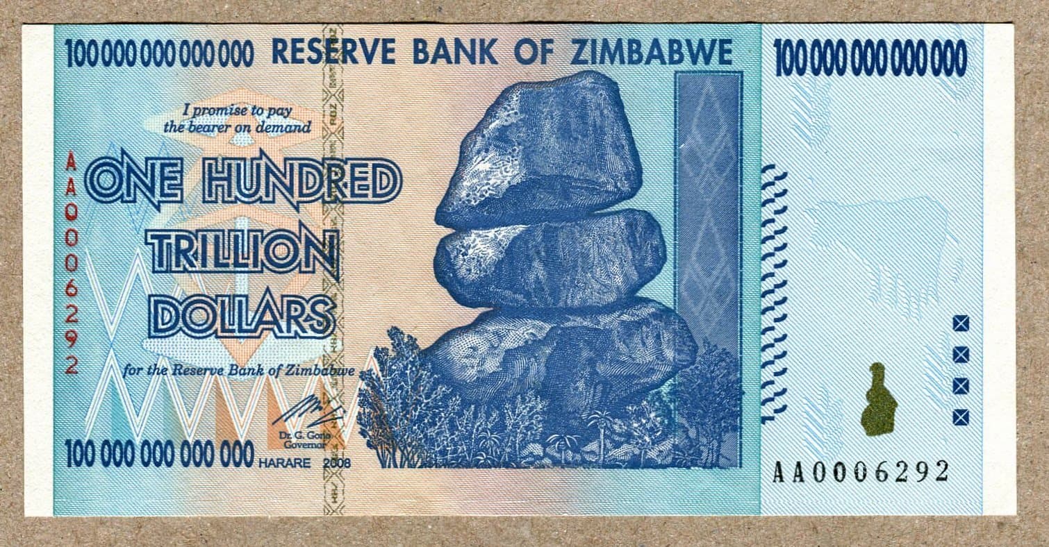 Zimbabwe 100 Trillion Dollar EXTREMELY LOW Serial AA000. Note Bill Money Inflation Record Currency Banknote by Zimbabwe Central Bank