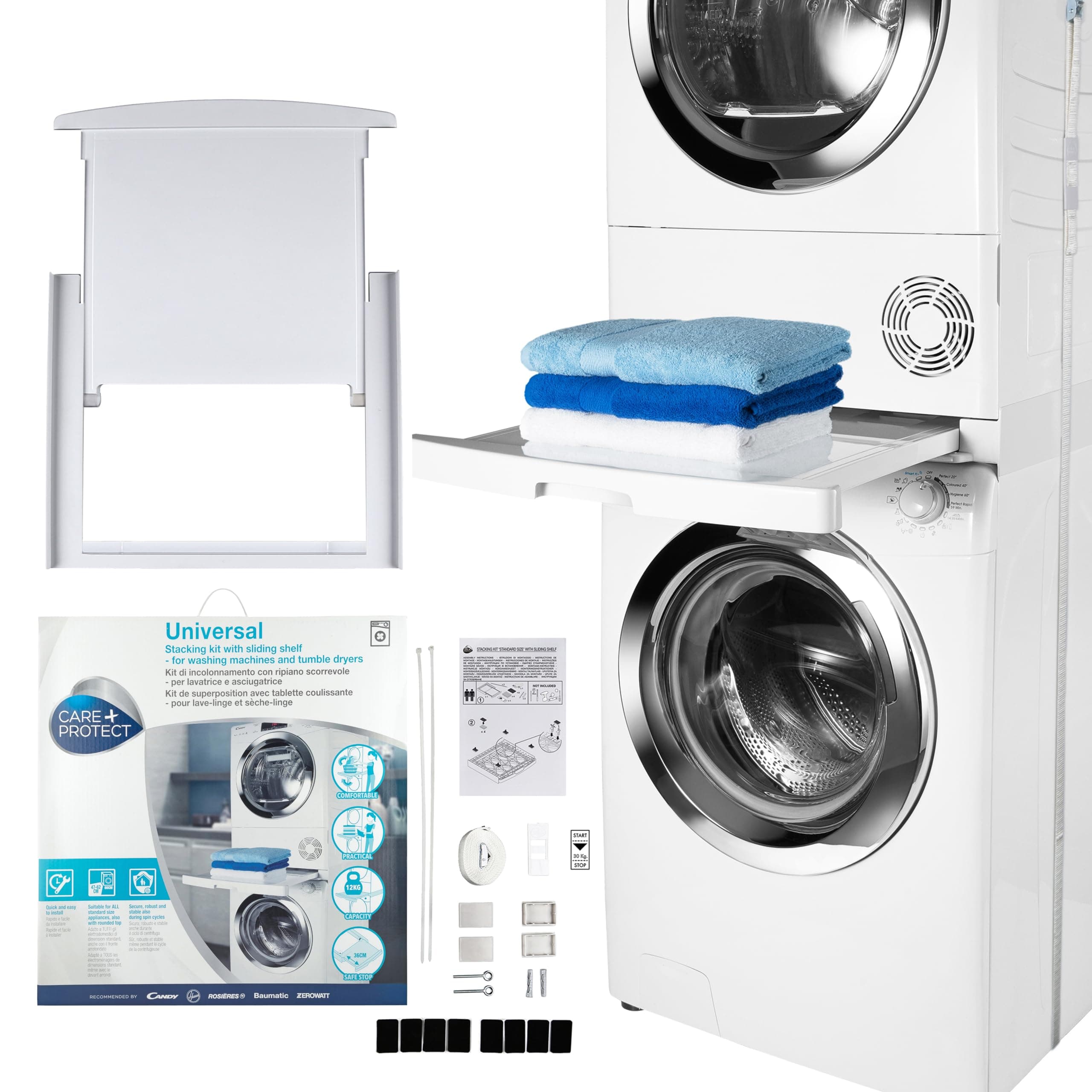 Care+Protect Universal Stacking Kit with Sliding Shelf for Washing Machines and Tumble Dryers-Suitable for Washing Machines with Depth 47-62cm-Space-Saving - Easy to Install-White - Rounded Top