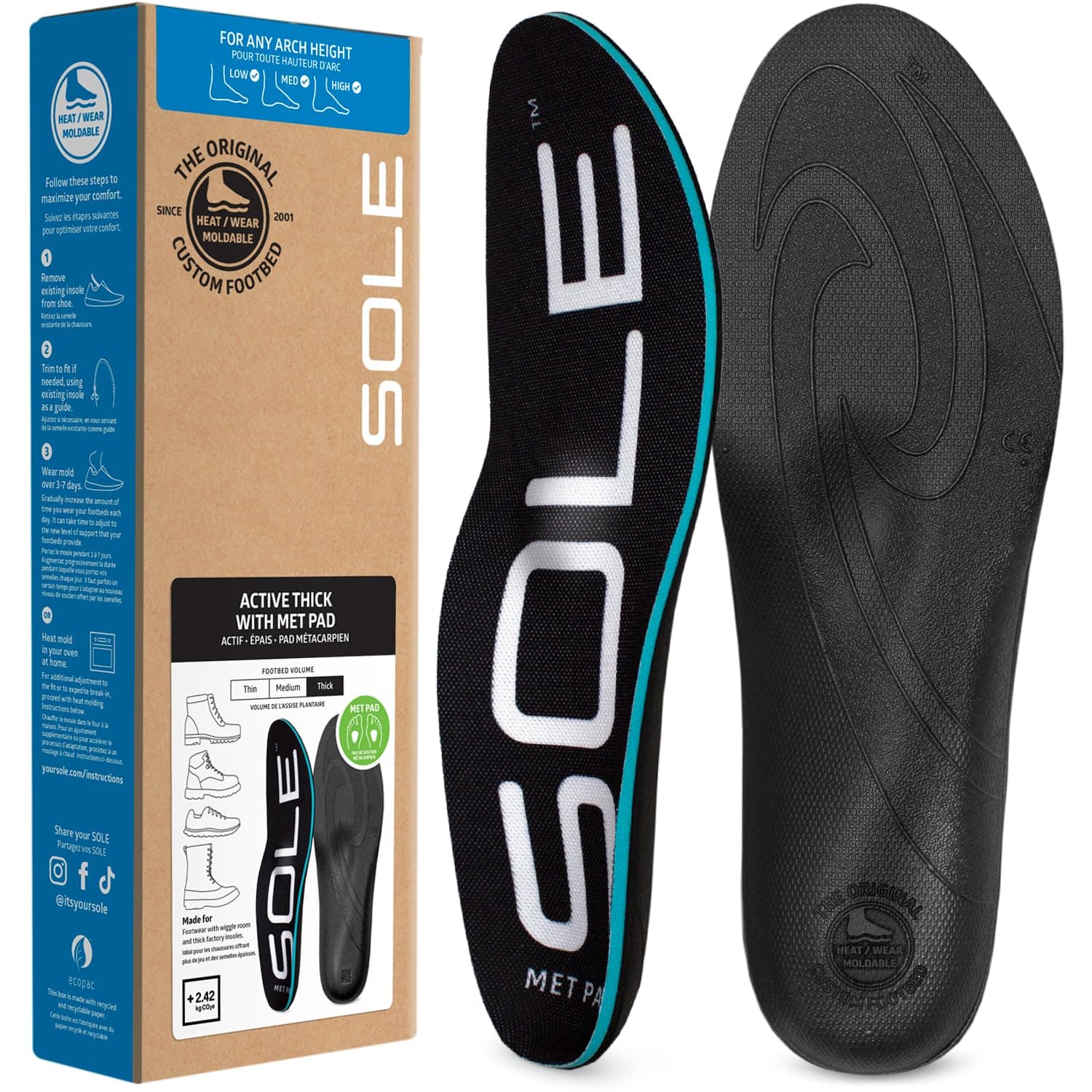 Active Thick Insoles - Custom Moldable Orthotic Support for Any Arch Type, Plantar Fasciitis Relief - Multiple Sizes