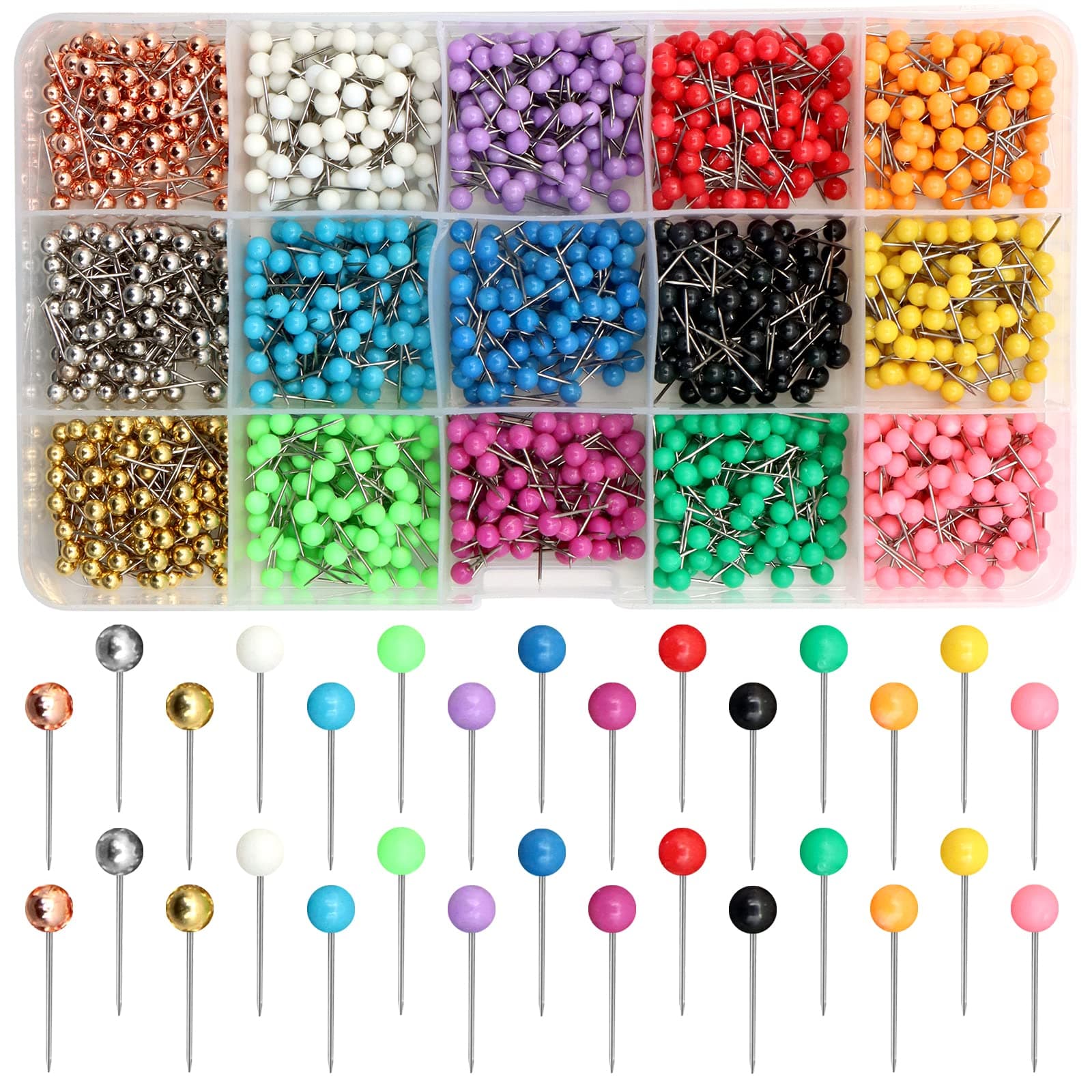 ZYNERY 1500 PCS Map Push Pins, Map Tacks Marking Pins 1/8-Inch Plastic Round Head Decorative Push Pins for Bulletin Boards/Fabric/Office/Wall (15 Colors)