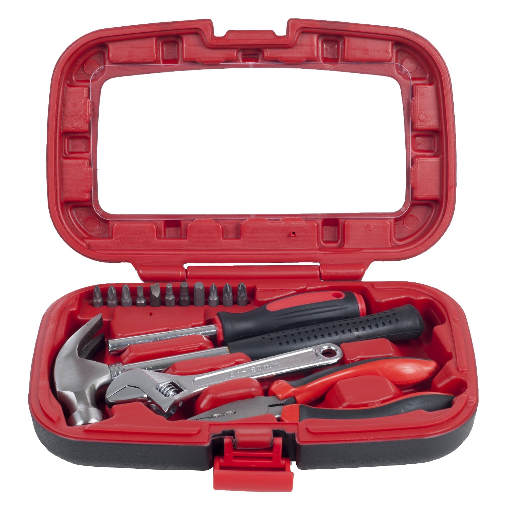 15-Piece Tool Set - Household Tool Kit with Hammer, Multi-Bit Screwdriver Set, Pliers, Wrench- Tools and Equipment for DIY Projects by Stalwart (Red)