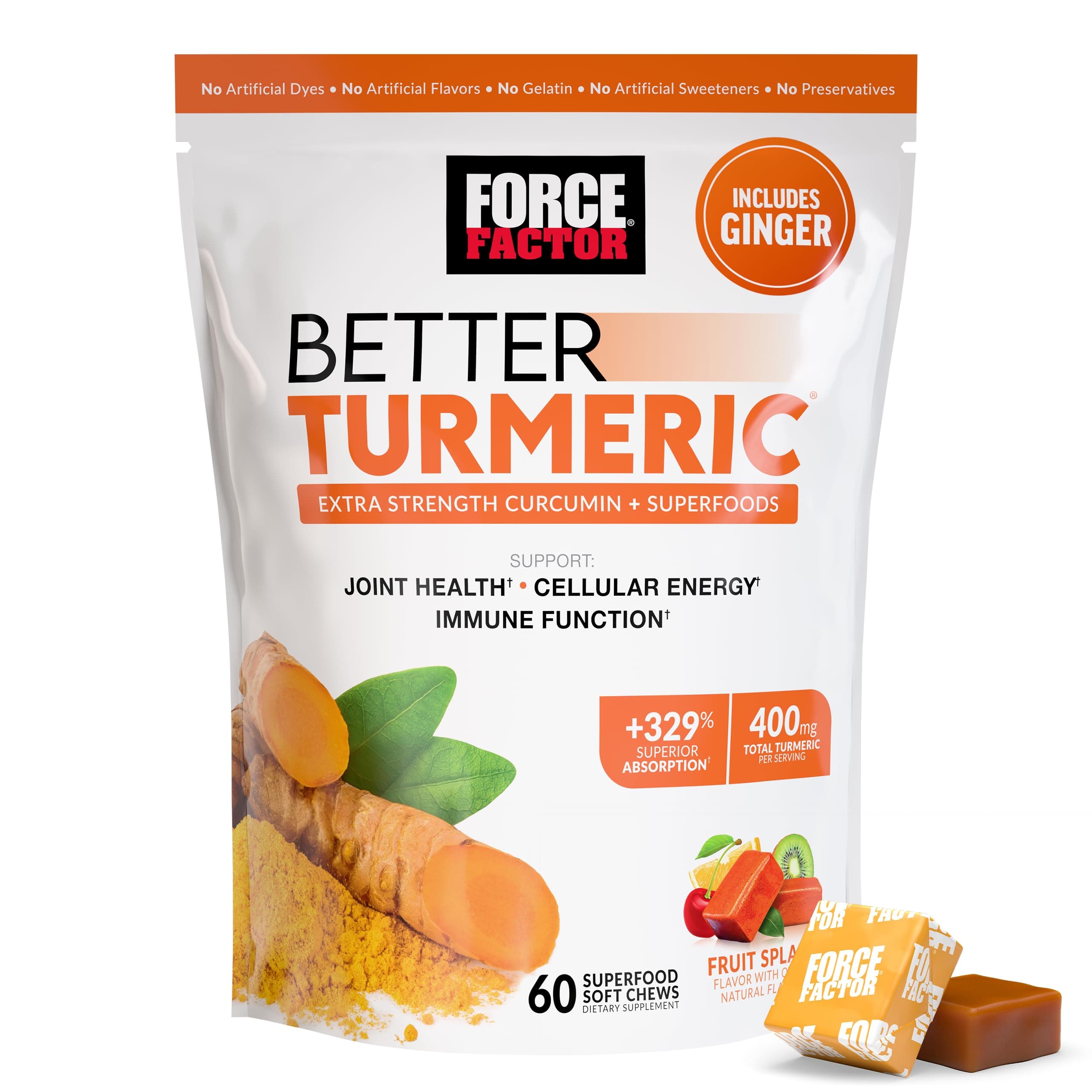Better Turmeric Supplement 400mg with Black Pepper & Ginger, Extra Strength Joint Support, Superior Absorption, Like Turmeric Gummies, Fruit Splash, 60 Turmeric Chews